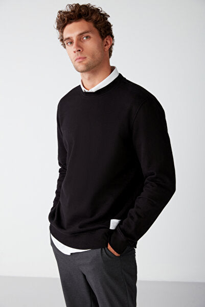 Travis Men's Soft Fabric Regular Fit Round Collar Black Sweatshirt