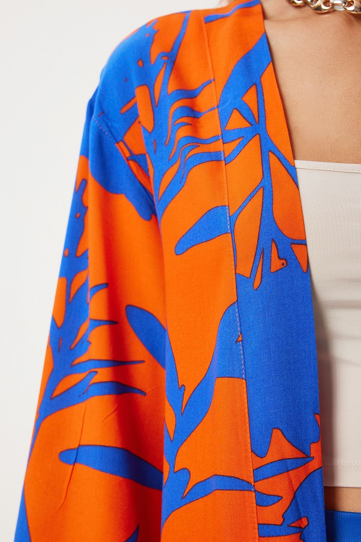 Female Blue Orange Patterned Viscose Kimono EN00615