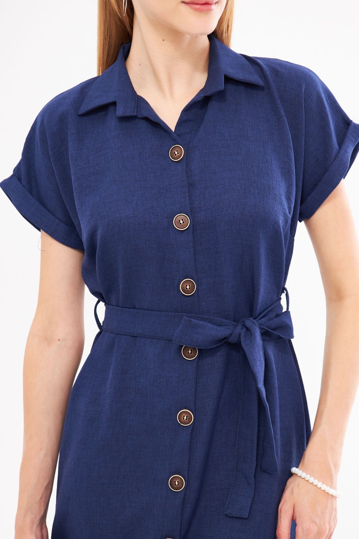 Woman Navy blue linen-looking waist belt short sleeve shirt dress ARM-24Y001084