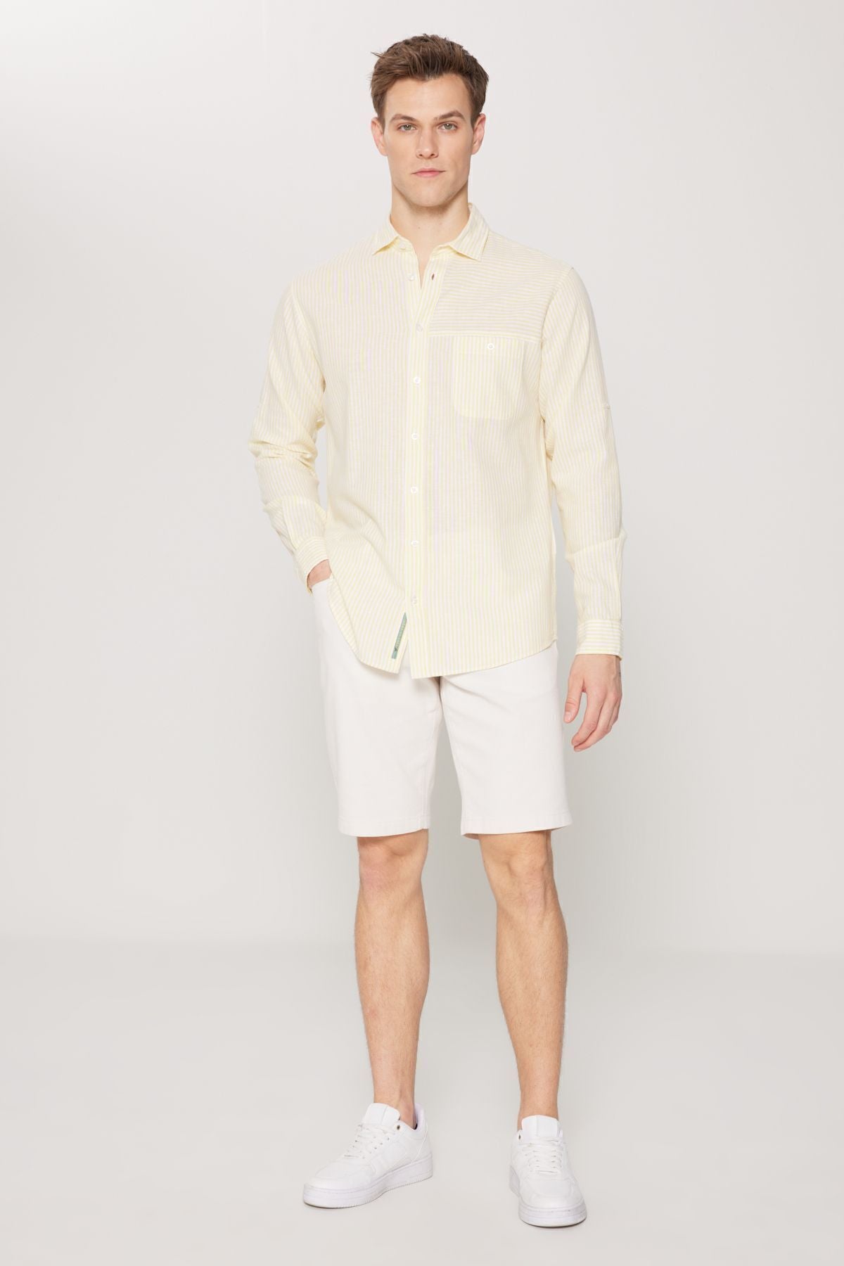 Men's Yellow-White Linen Comfort Fit Casual Cutter Classic Neckline Shirt