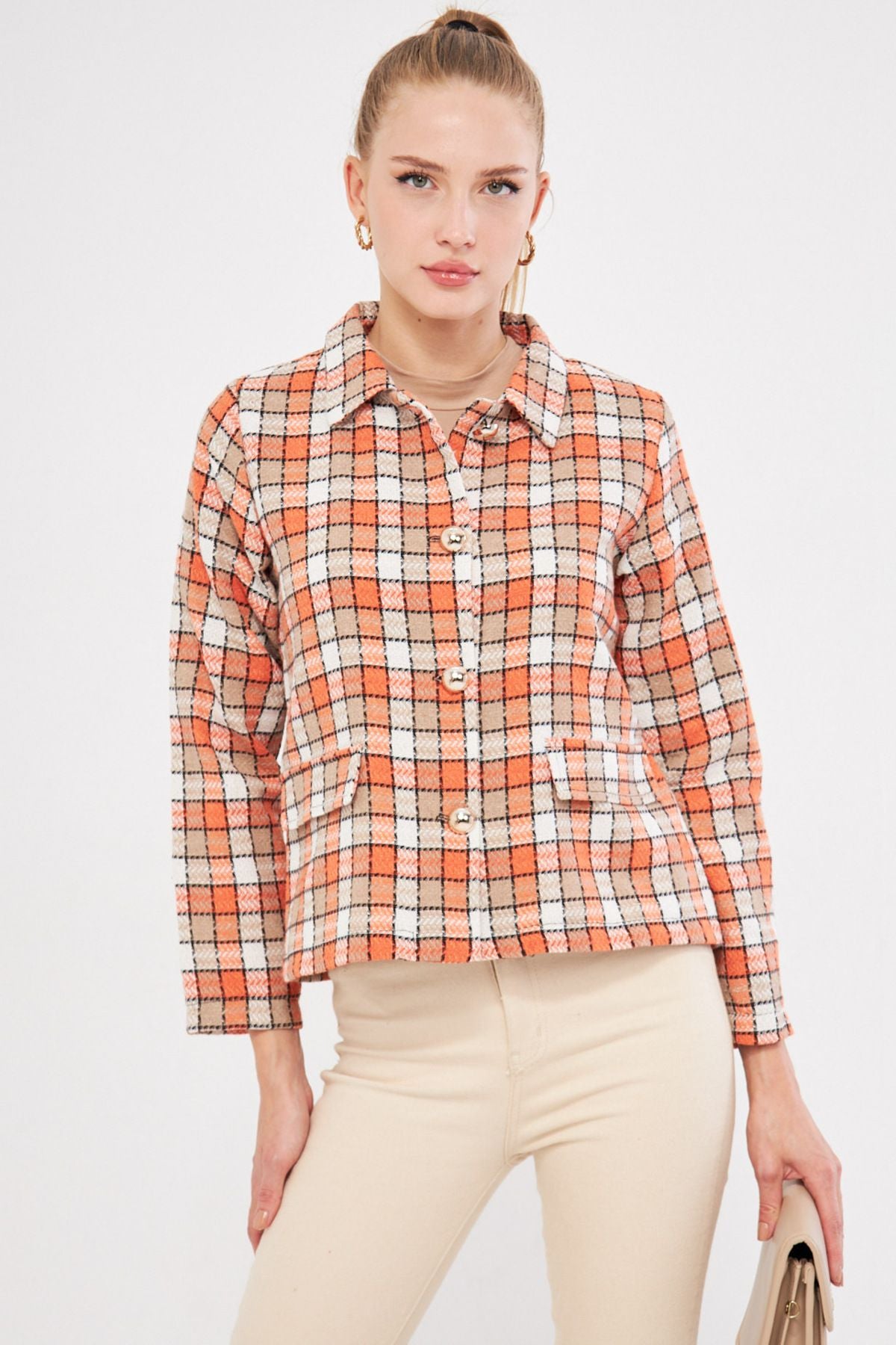 Women's Orange Patterned Pocket Cover Jacket ARM-25K001038