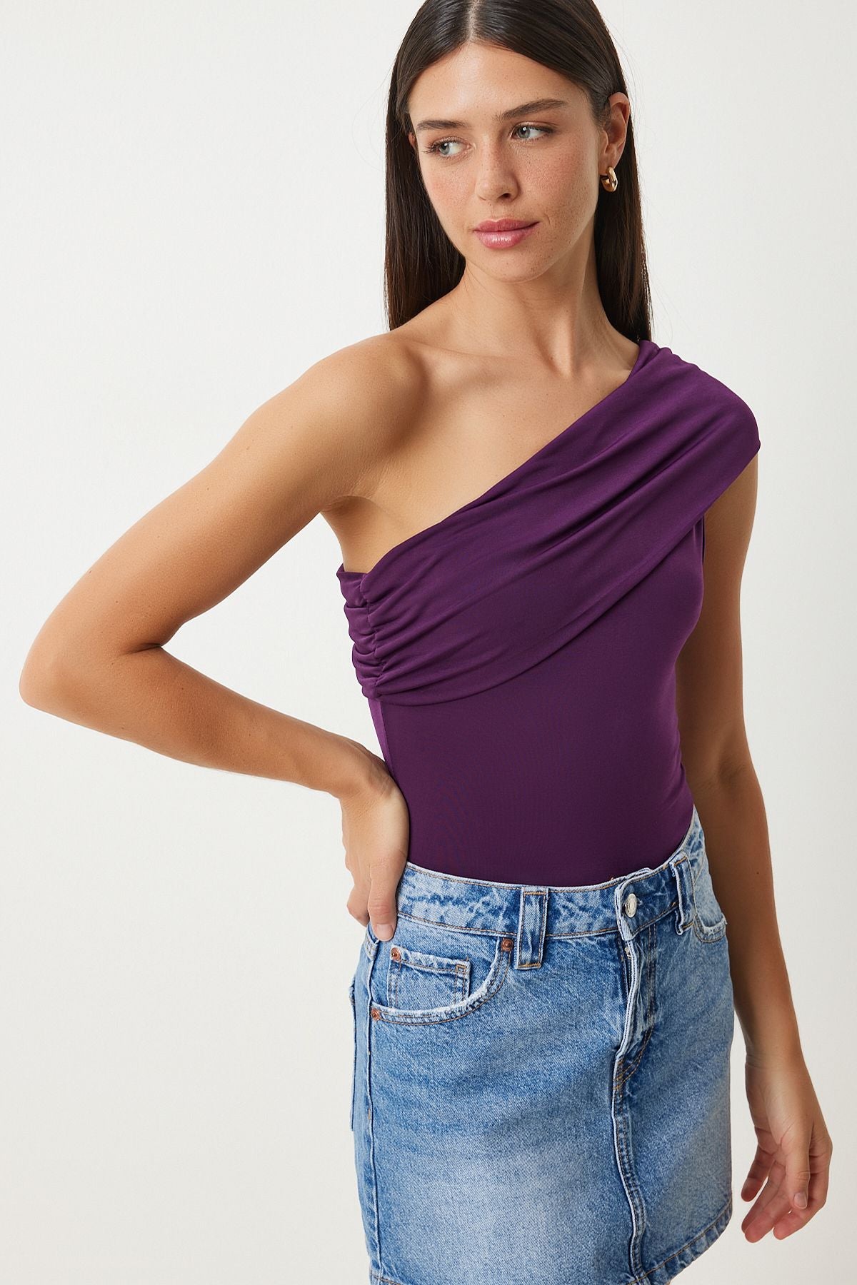 Woman purple single shoulder shirred knitted blouse dz00112