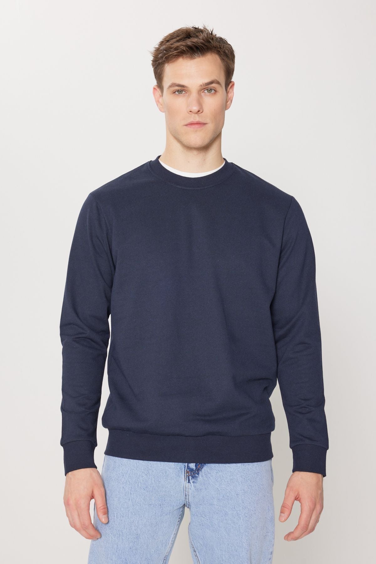 Men's Navy Blue Standard Fit Normal Cutting 2 Yarn Cotton Bike Collar Sweatshirt