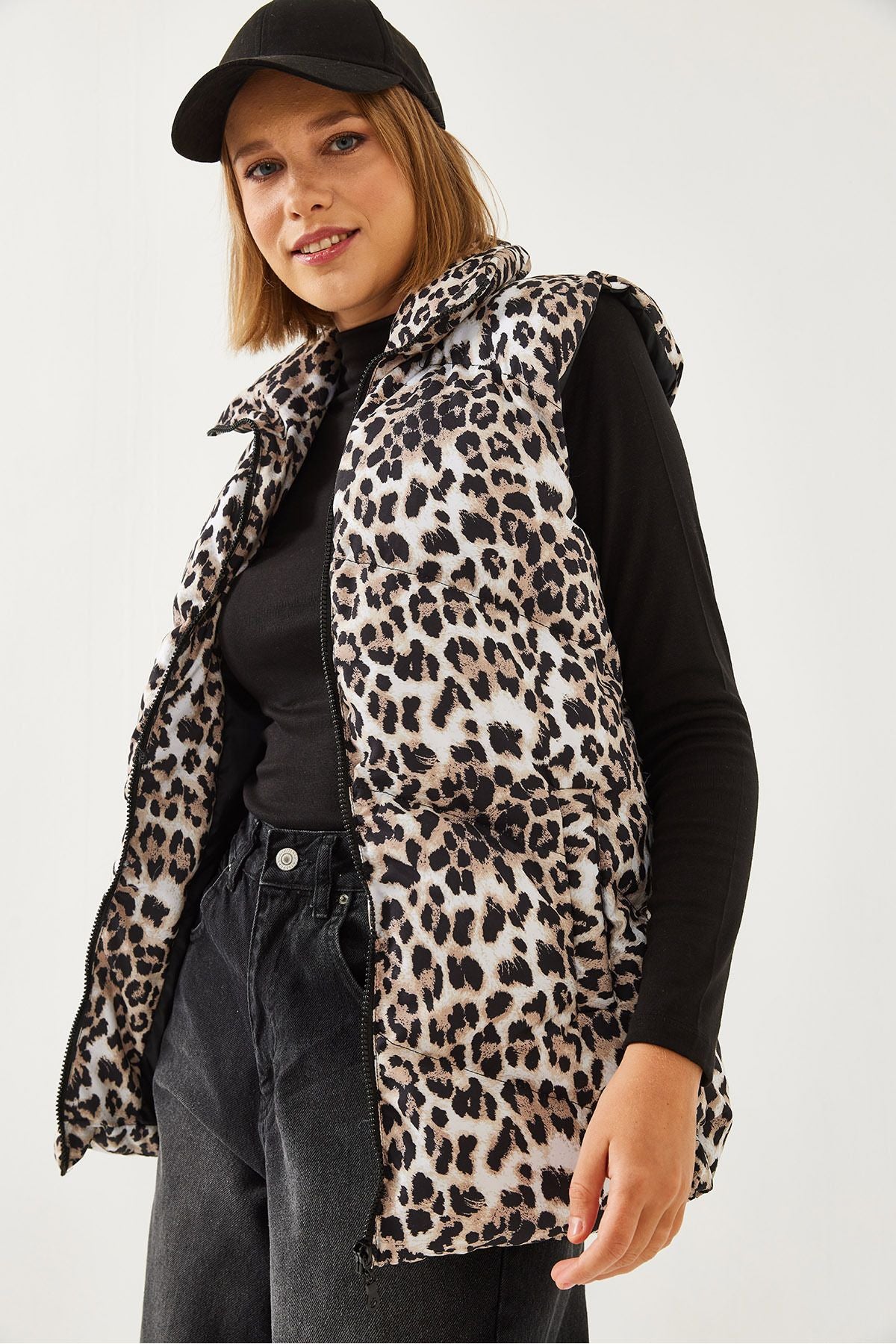 Female Fisherman Collar Leopard Patterned Swelling Vest 938128 60351234