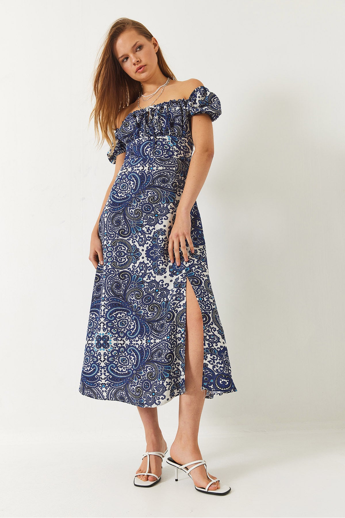 Women's Tie Collar Slit Detailed Patterned Midi Dress 60261478