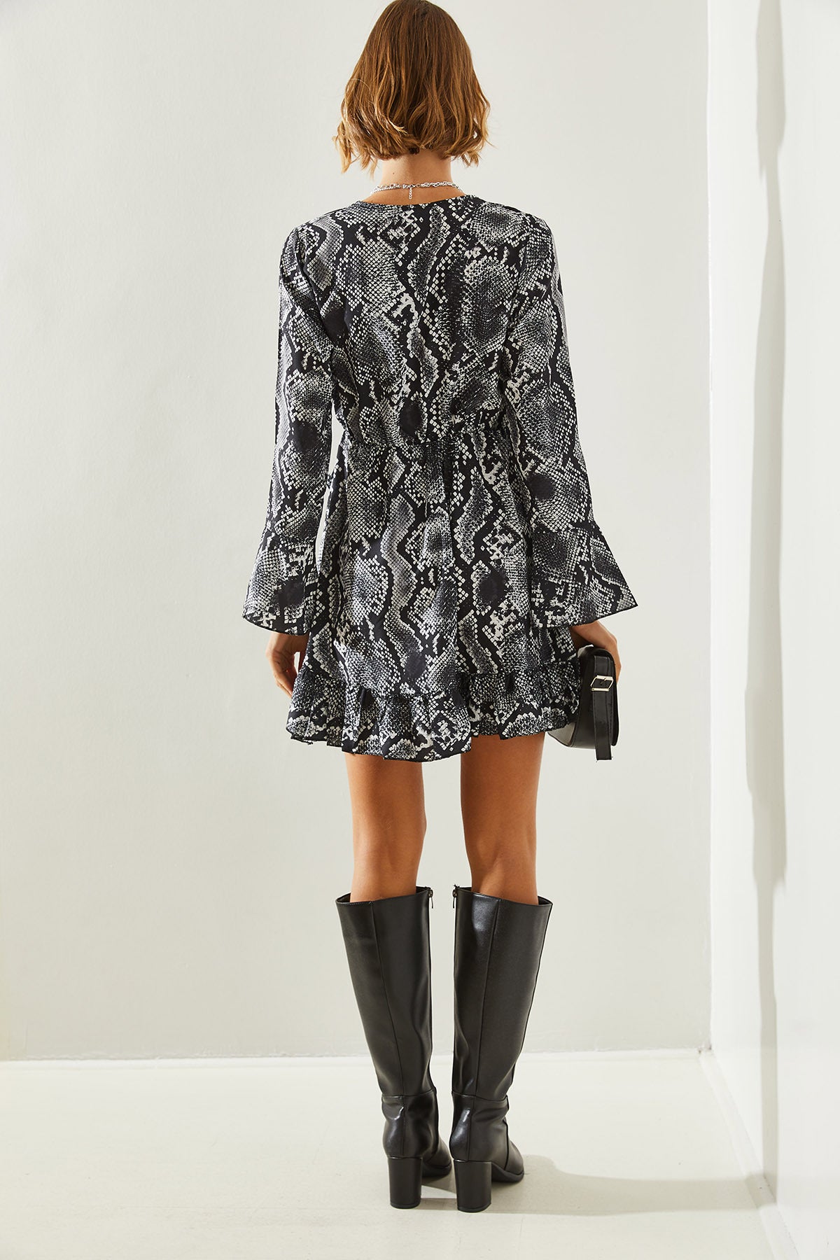 Women's V-Neck Wrap Skirt Ruffle Detailed Patterned Mini Dress 21694 60251634