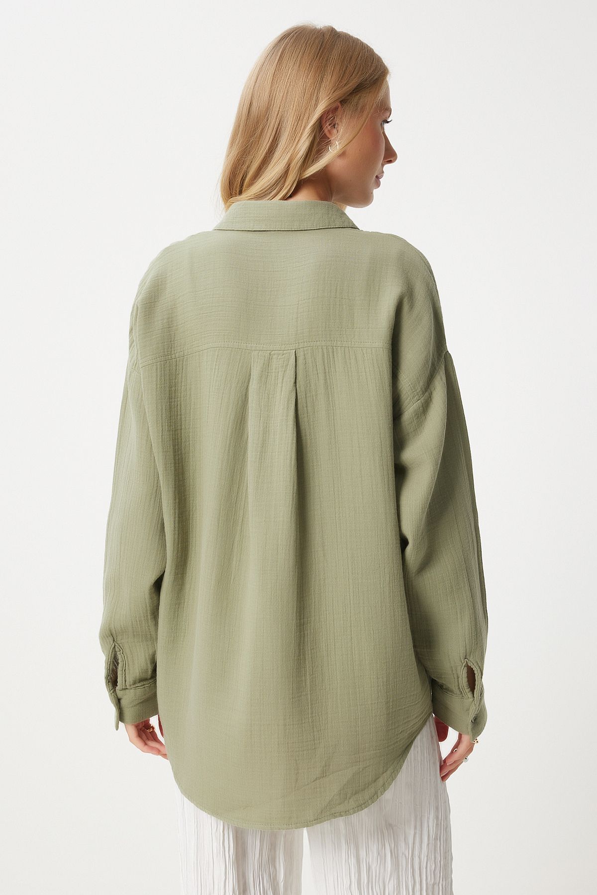 Women's Cagla Green Oversize Basic Muslin Shirt MX00150