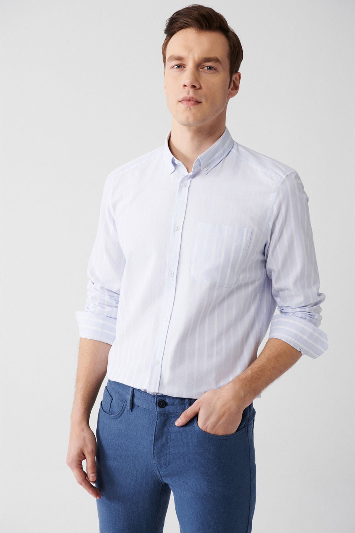 Men's light blue 100 %cotton oxford striped shirt A31y2055