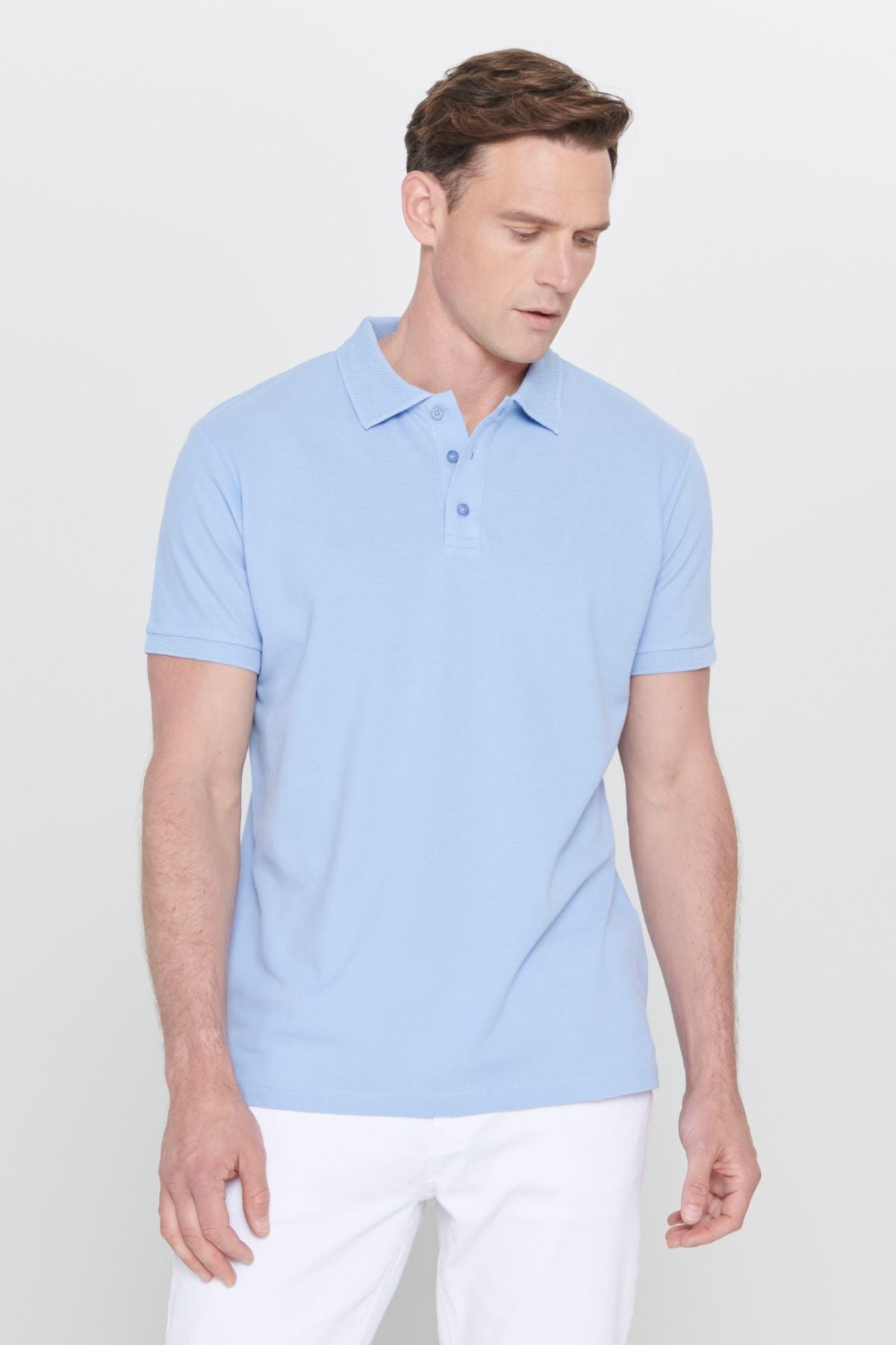 Men's light blue 100 %cotton curved Pike Polo collar slim fit narrow cut t -shirt