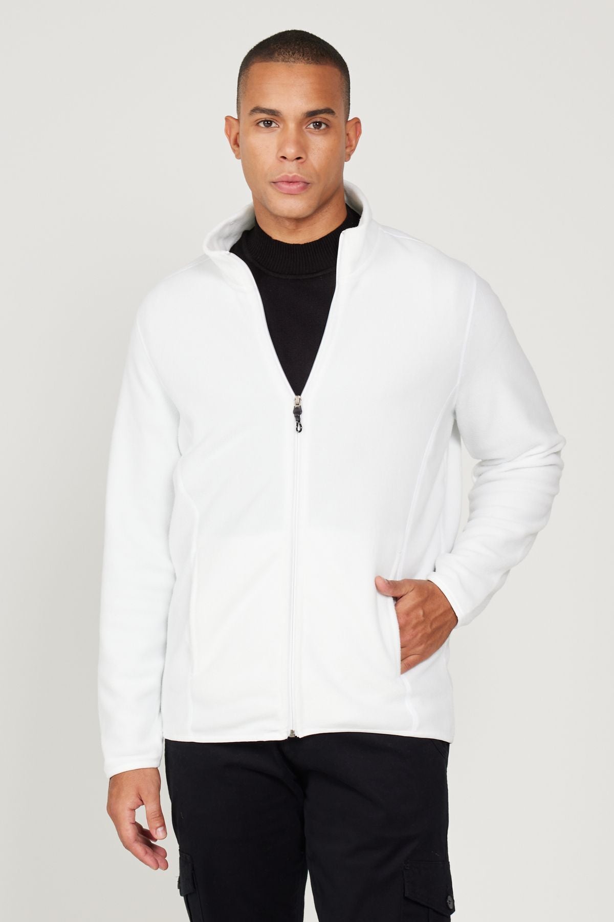 Men's White Anti-Pilling Flash Standard Fit Bato Yaka Sweatshirt Polar Jacket