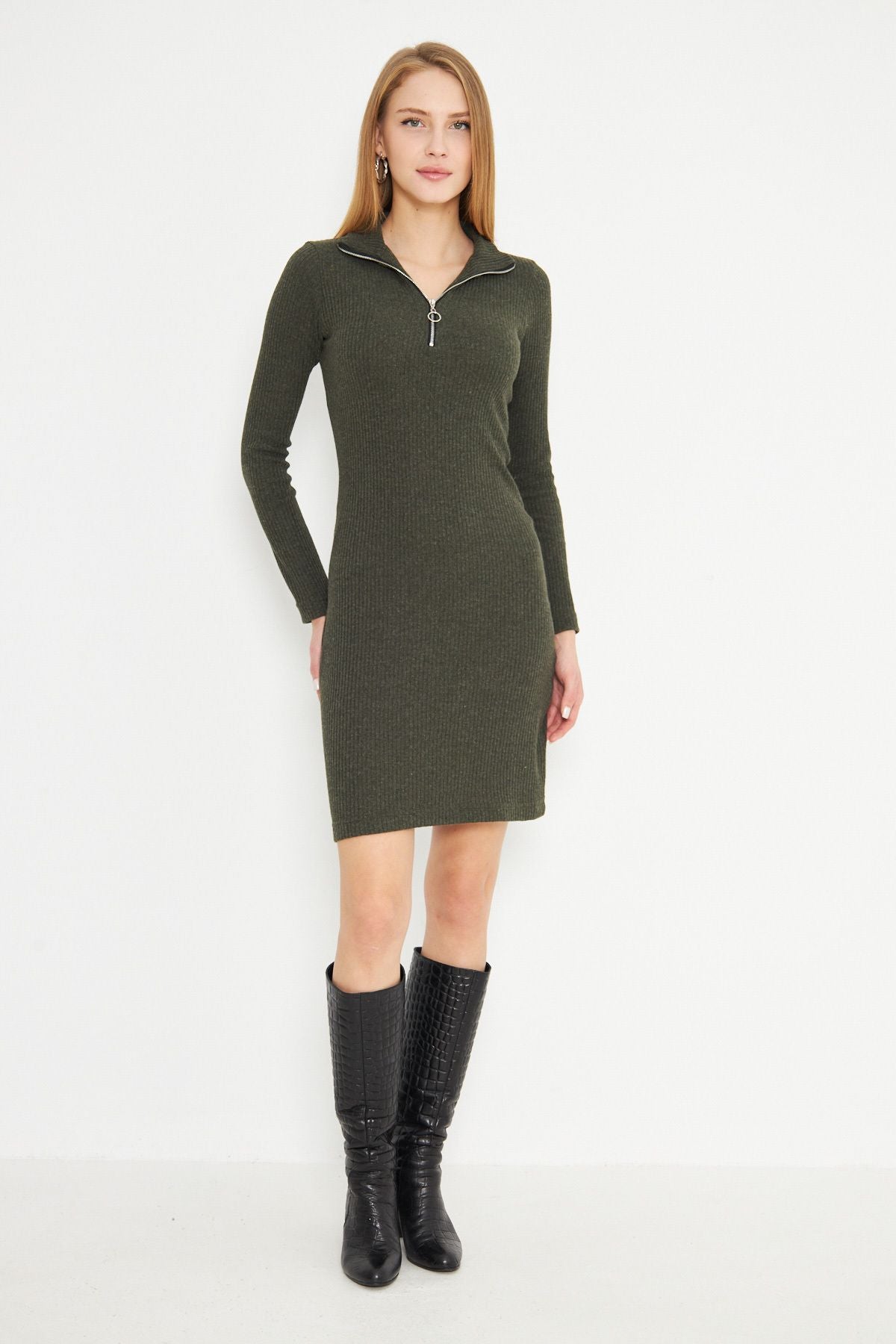 Women's Khaki Yakası Zippered Cashcorse Knee Dress ARM-24Y001001