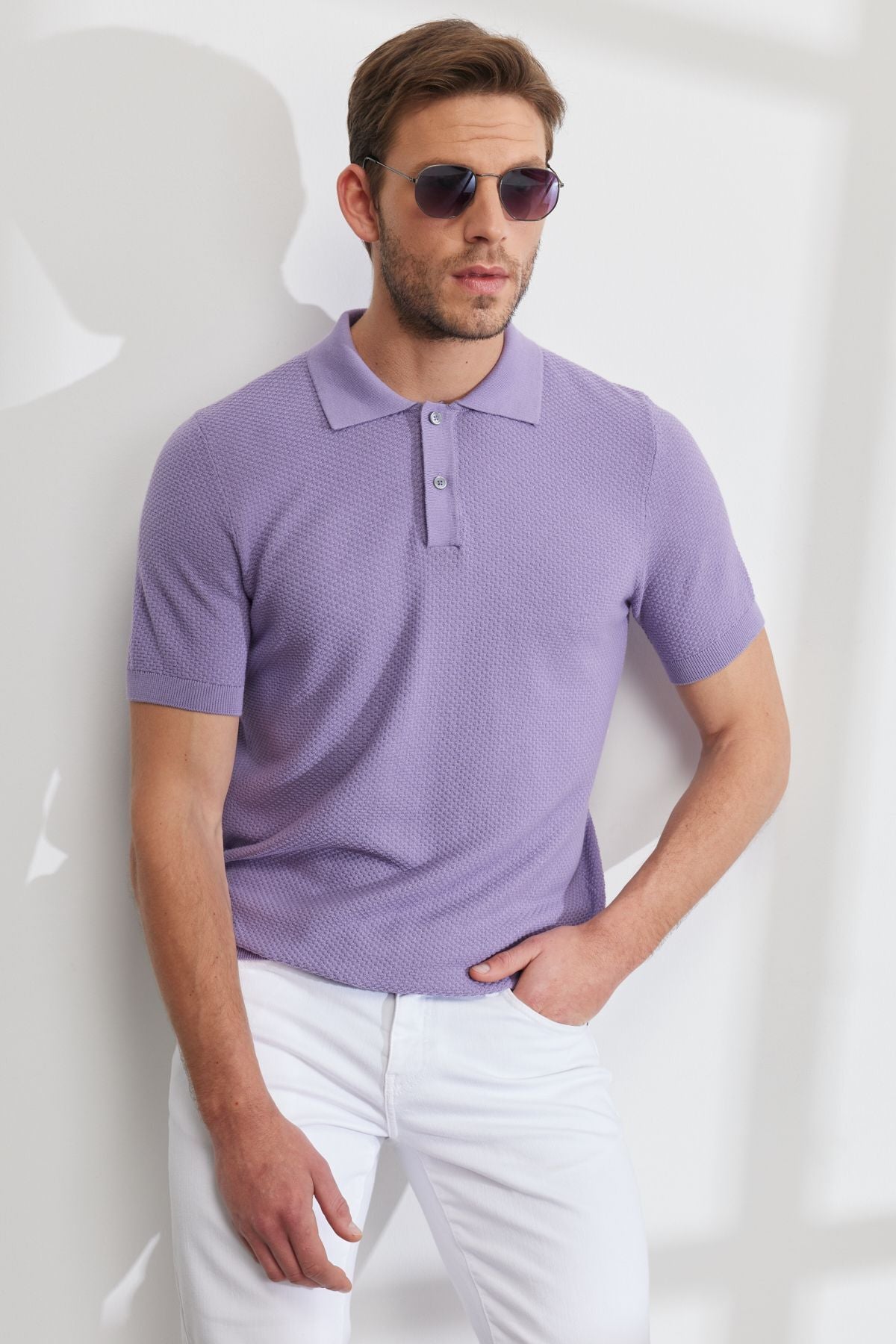 Men's lilac Standard Fit Normal Cut Polo Yaka 100 %Cotton Short Sleeve Knitwear T -shirt