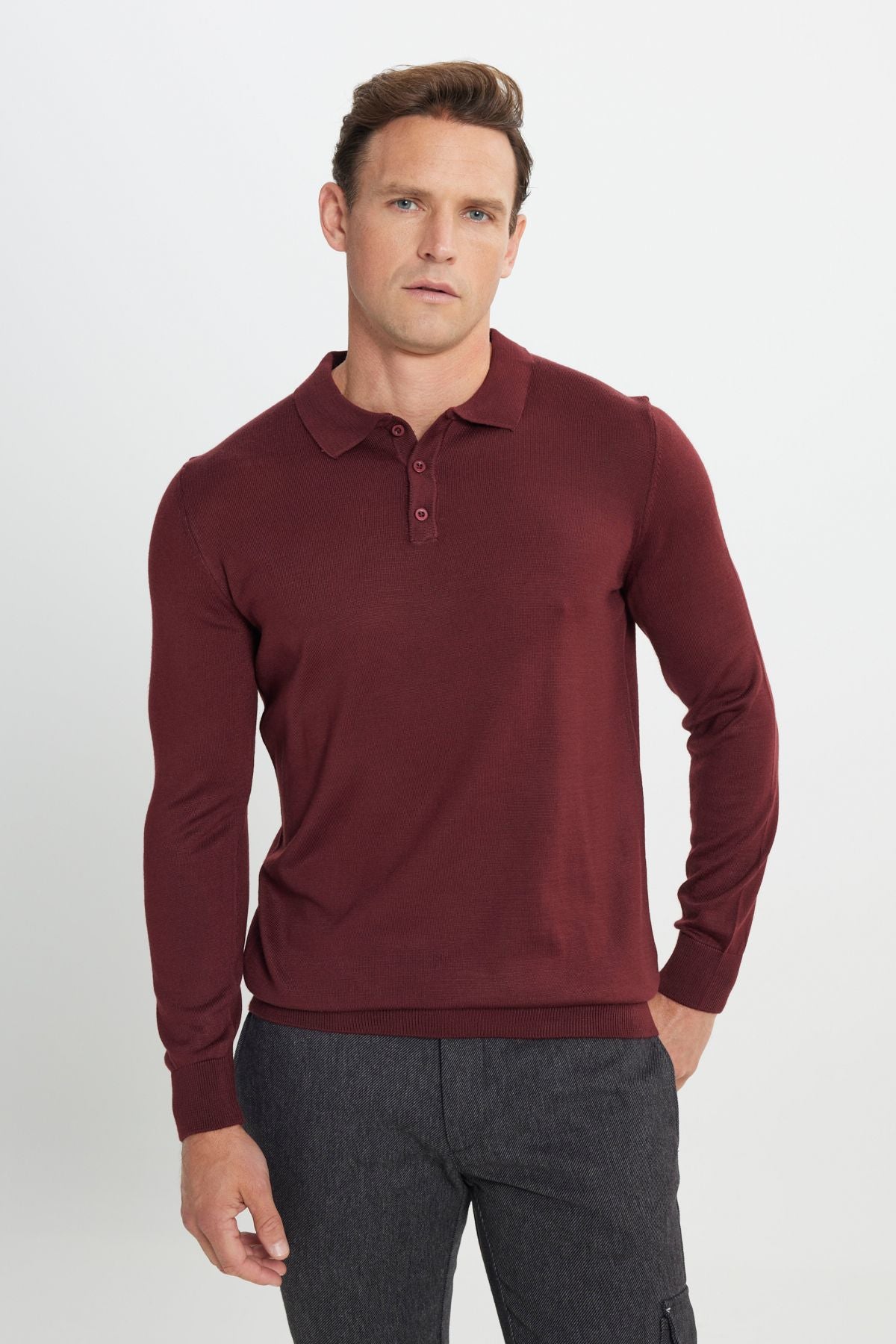 Men's burgundy woolen standard fit normal cut polo collar knitwear sweater