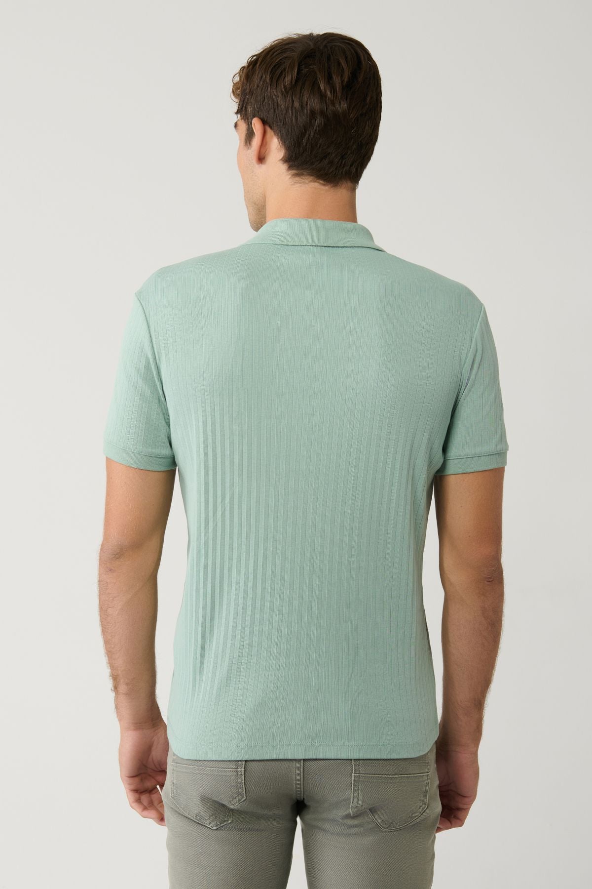 Men's Water Green 100 %Cotton 3 Buttoned Jacquard Polo Yaka T-shirt A41y1354