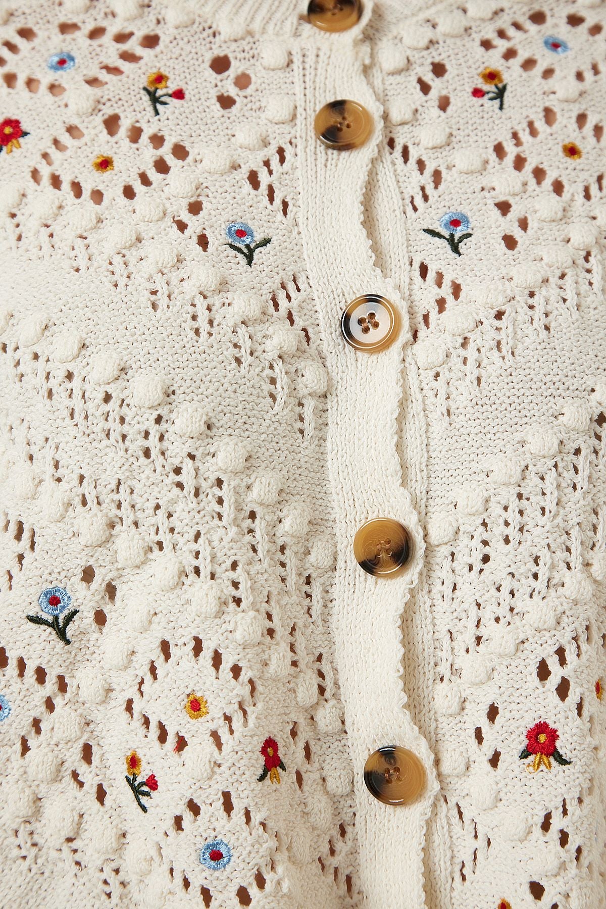 Cream Flower Embroidered Textured Seasonal Triko Cardigan ES00147