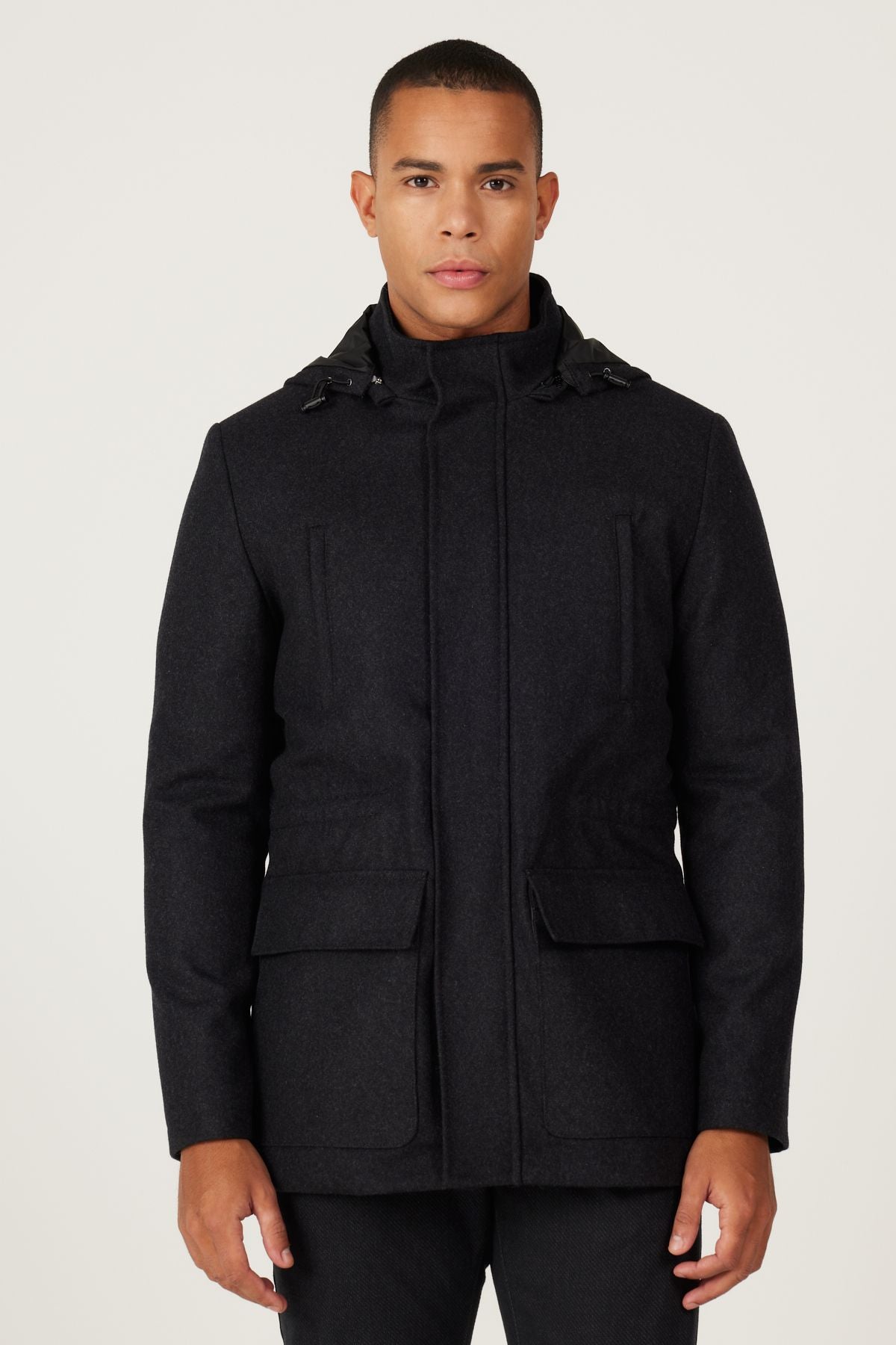 Standard Fit Normal Cutting Hooded woolen anthracite coat