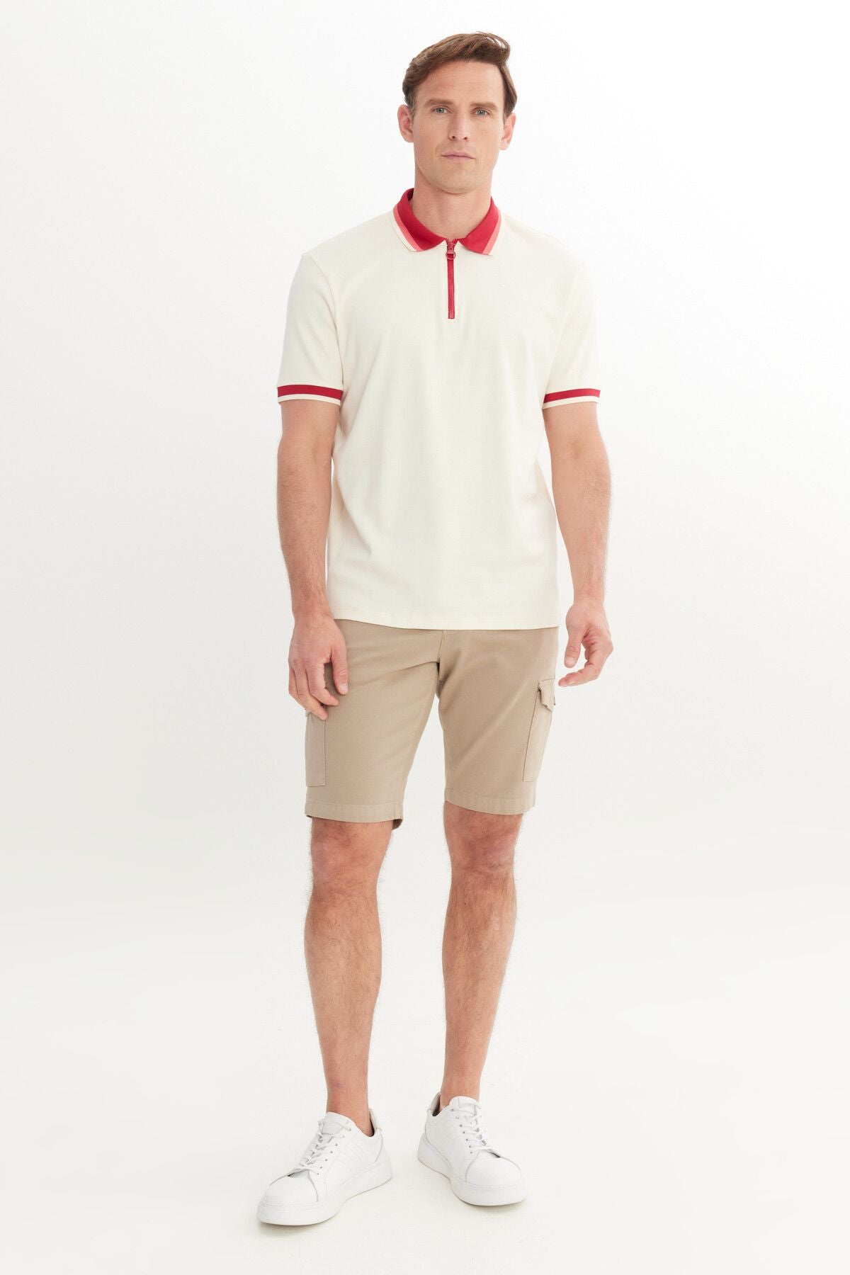 Men's ecru burgundy regular fit comfortable cut Polo Yaka 100 %Cotton T -shirt