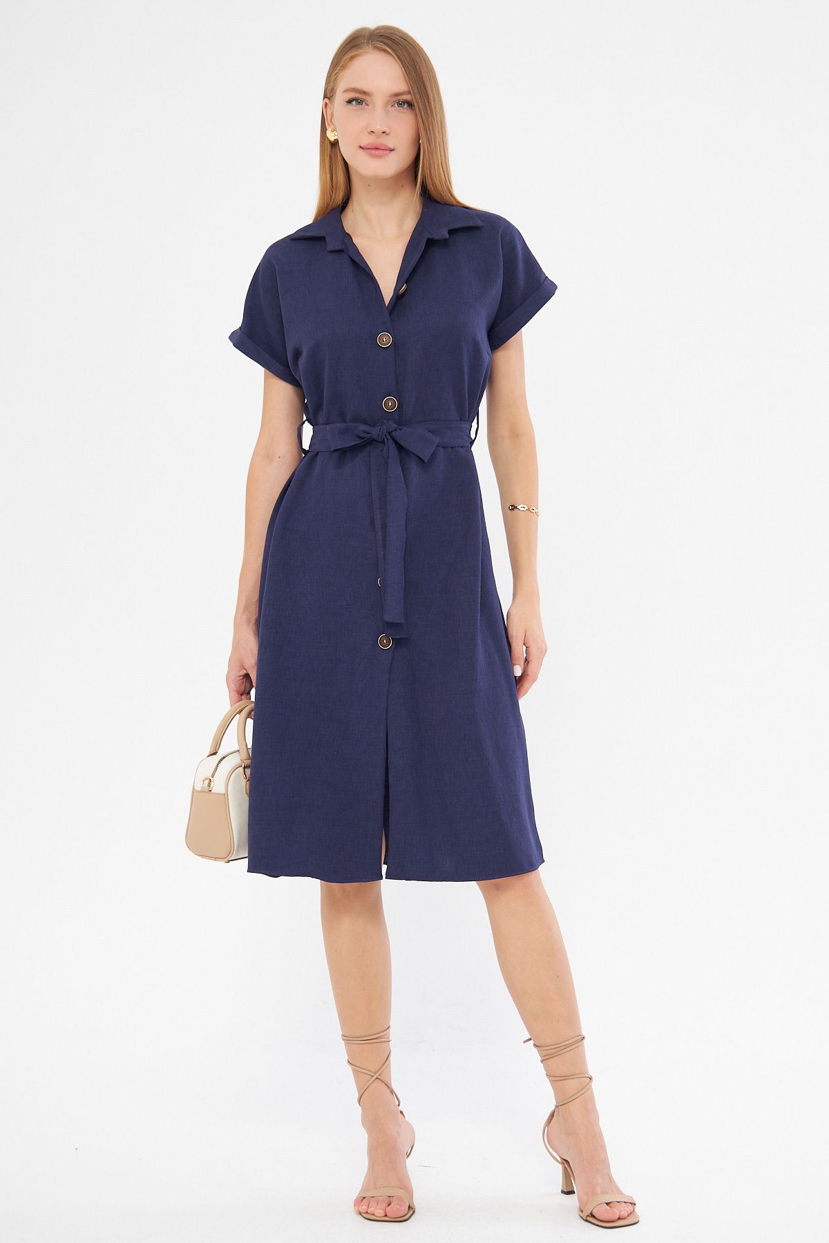 Woman Dark Navy blue linen looking waist belt short sleeve shirt dress ARM-24Y001084