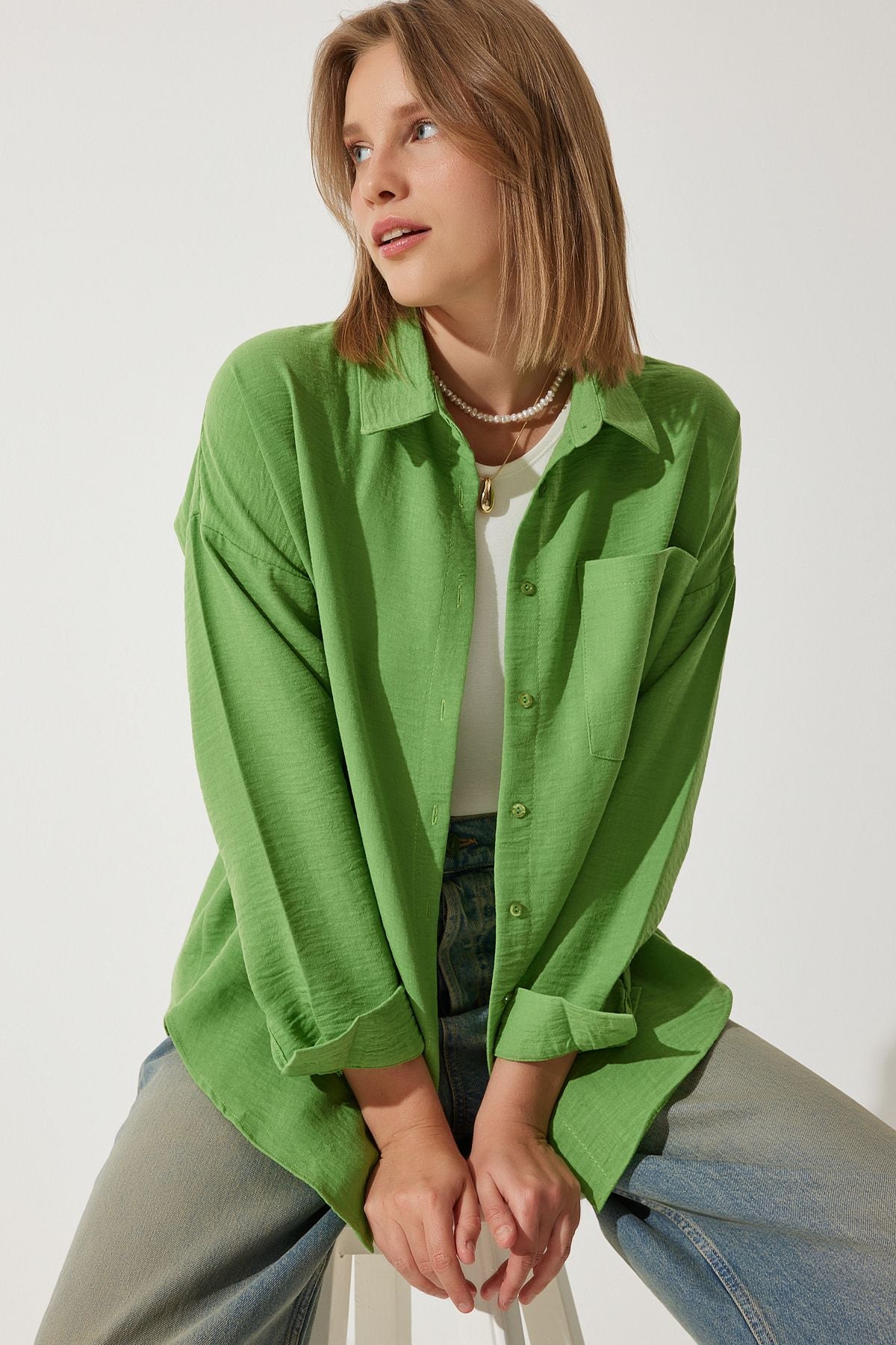 Woman Dark Cagla Green Oversize Linen Ayrrin Shirt DD01222