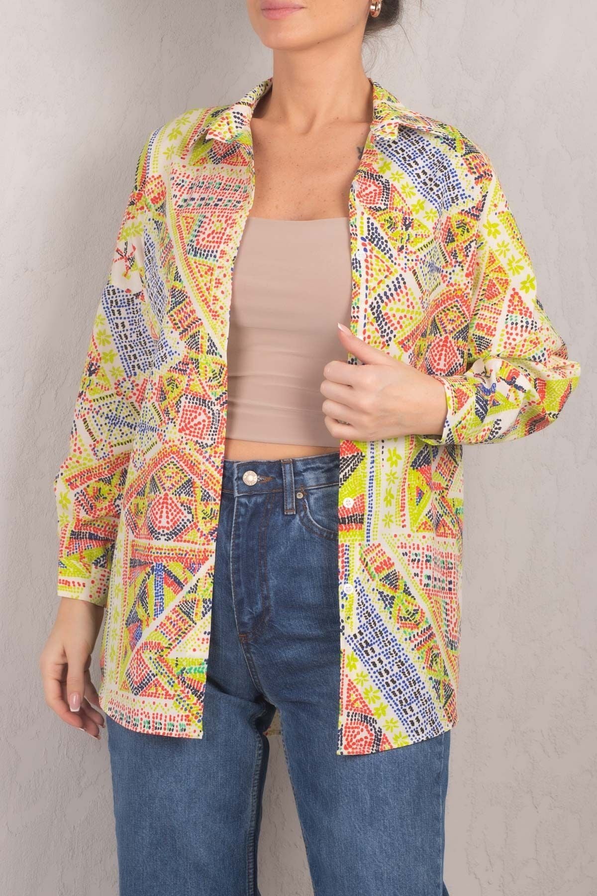 Female Peanut Green Patterned Oversize Long Basic Shirt ARM-221148