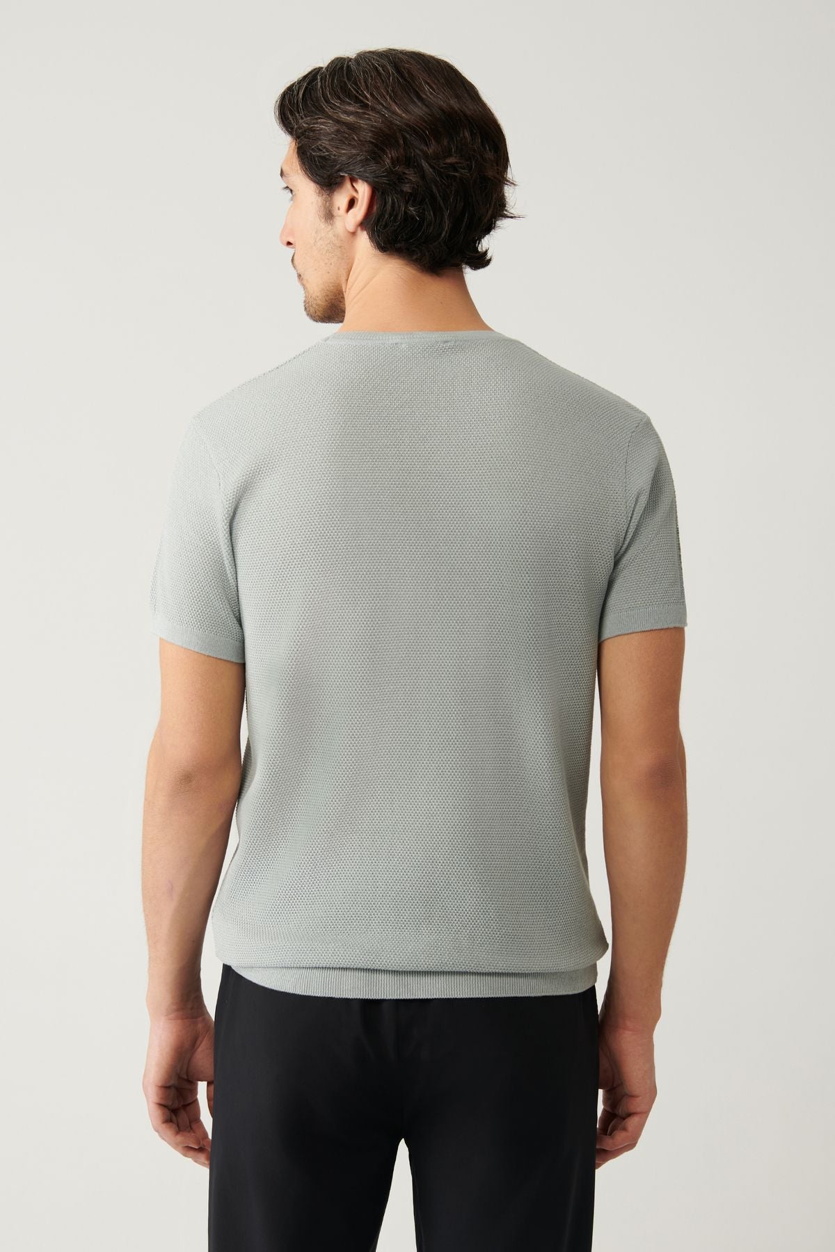 Men's Gray Knitwear T-shirt Crew Neck Textured Cotton Regular Fit E005027