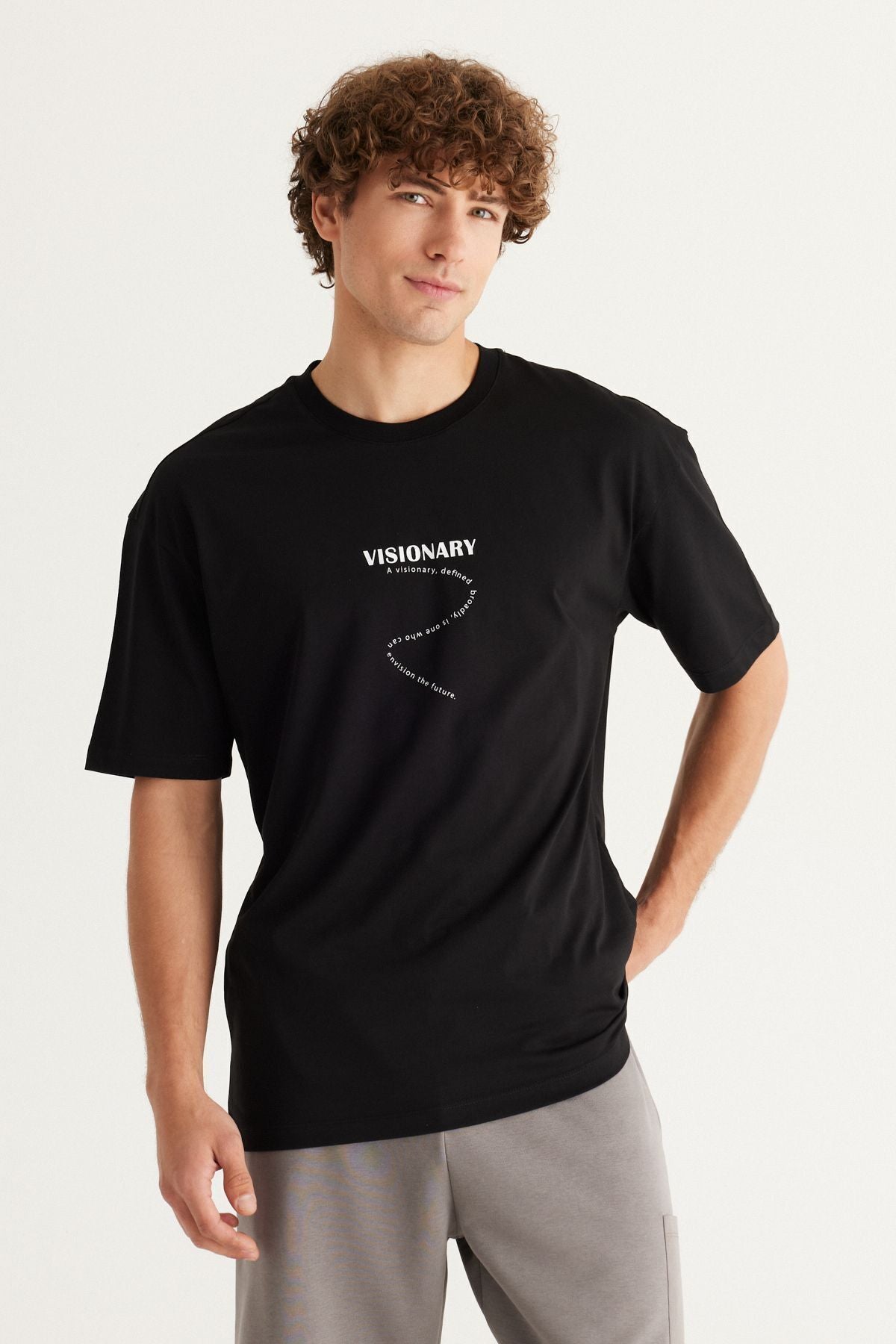 Men's black oversize plenty of cut bike collar 100 %cotton printed T -shirt