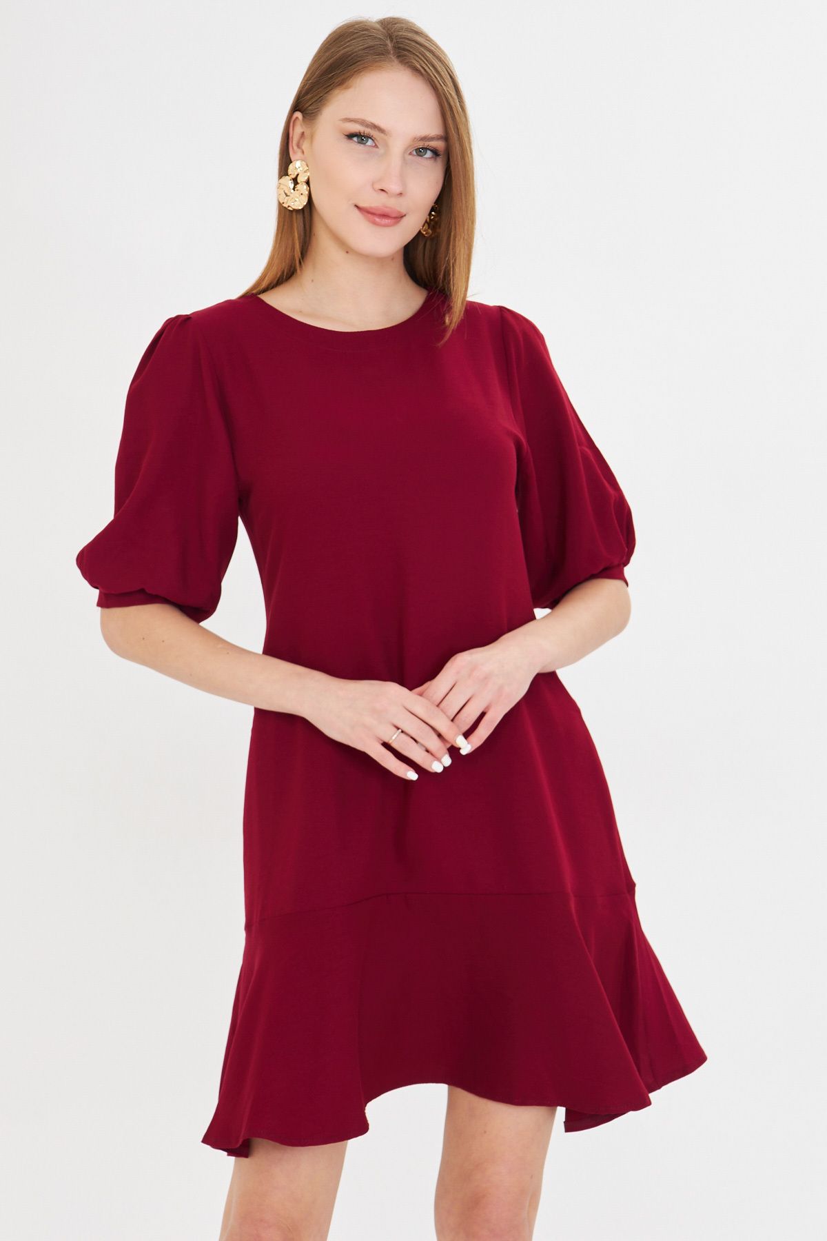 Female Bordeaux Zero Yaka Quarter Sleeve Skirt Volan Dress ARM-25Y001007