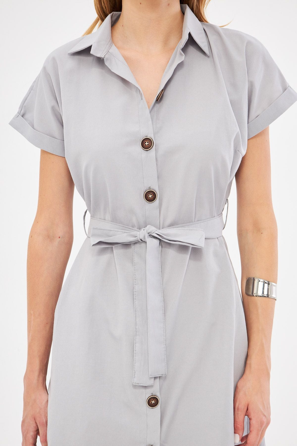 WOMEN GRAY GRAY WAST Belt Short Sleeve Shirt Dress ARM-19Y001068