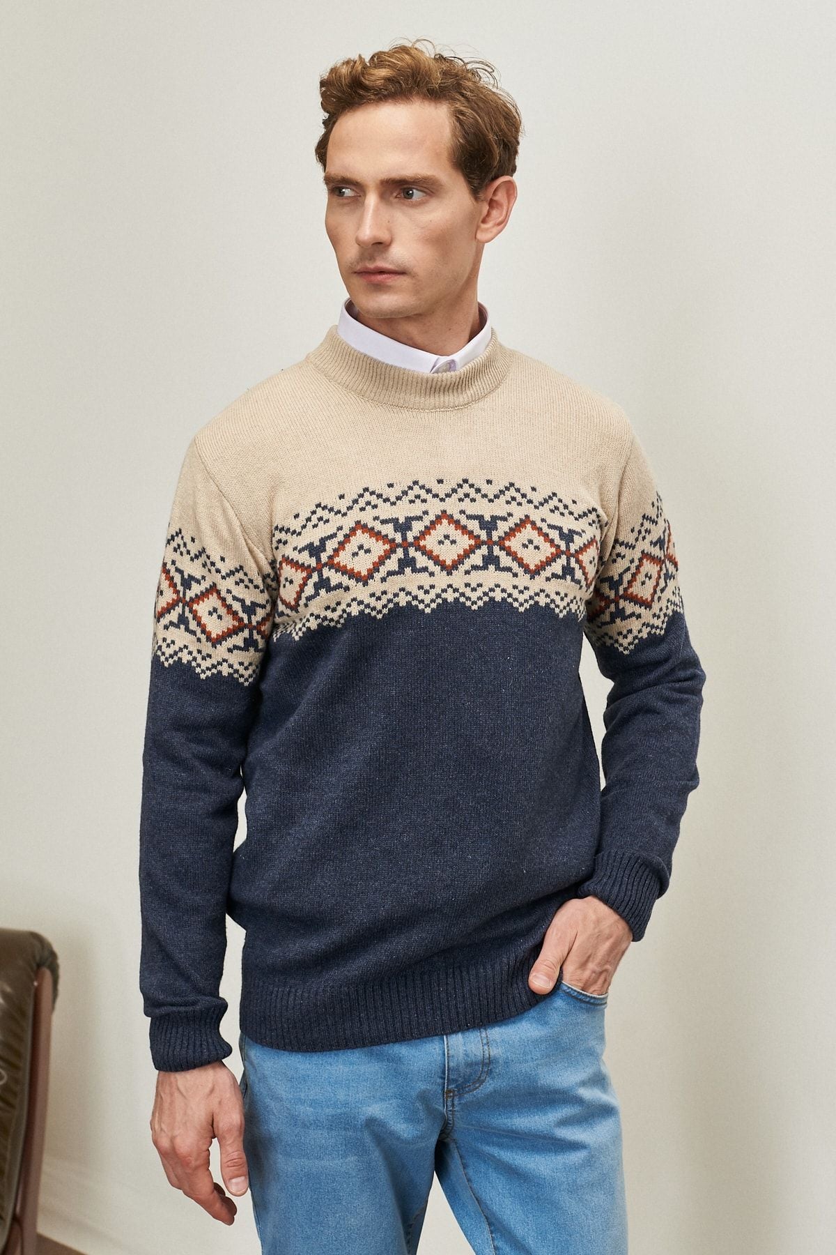 Men's Beige-Havacı Blue Standard Fit Half Fisherman Yaka Soft textured knitwear sweater