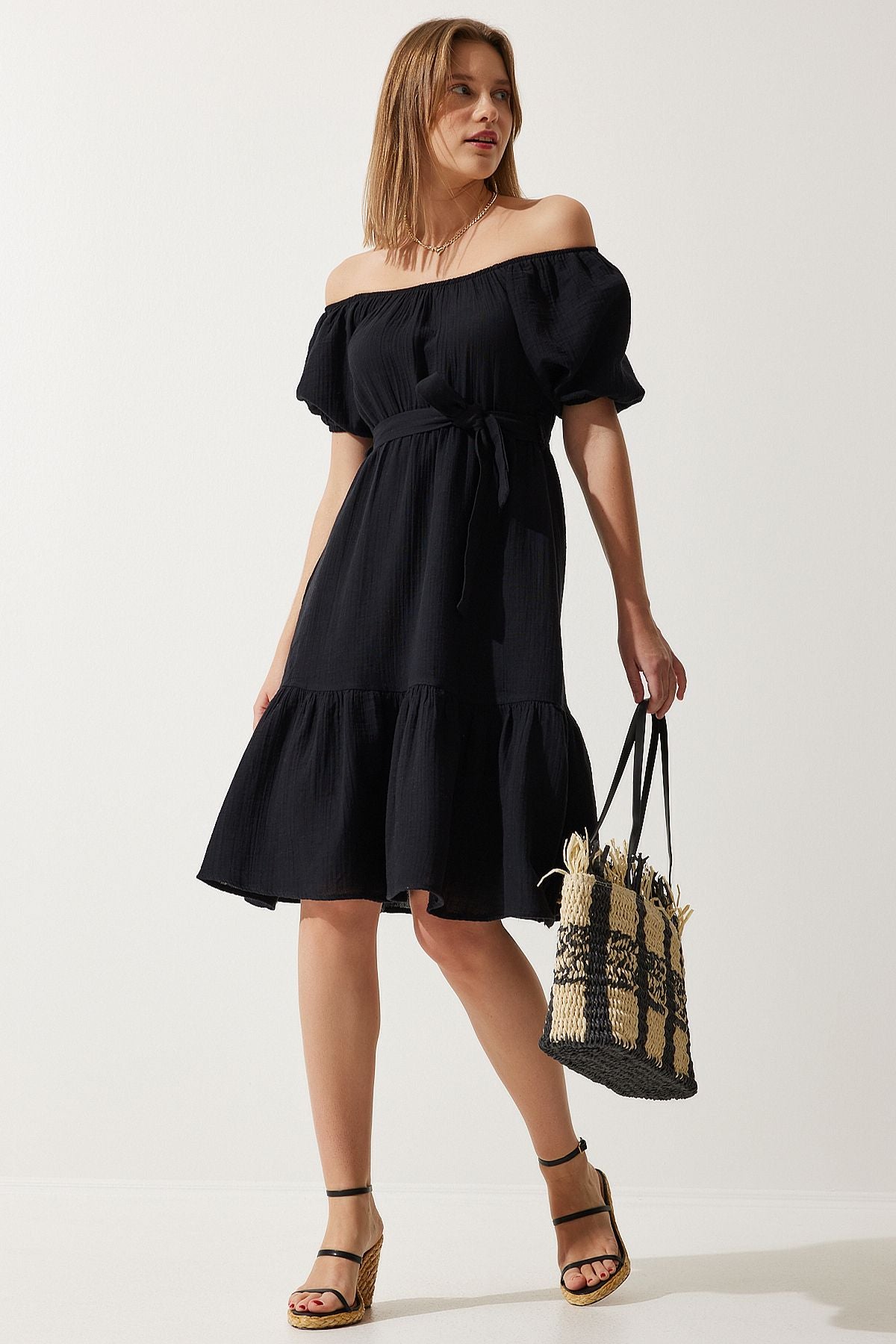Female Black Carmen collar belt cottage Muslin dress MX00157