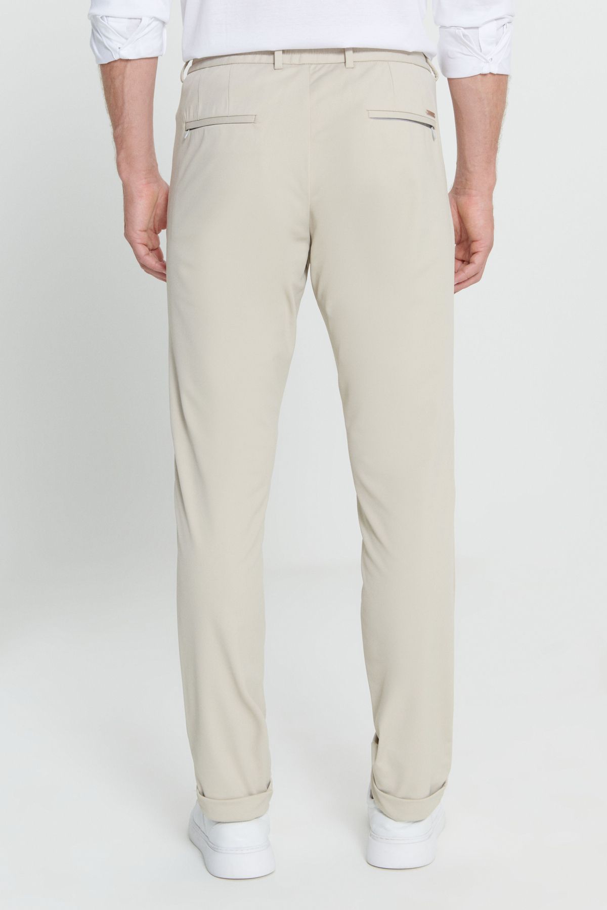 Men's Beige Slim Fit Narrow Cutting Waist Flexible Pants