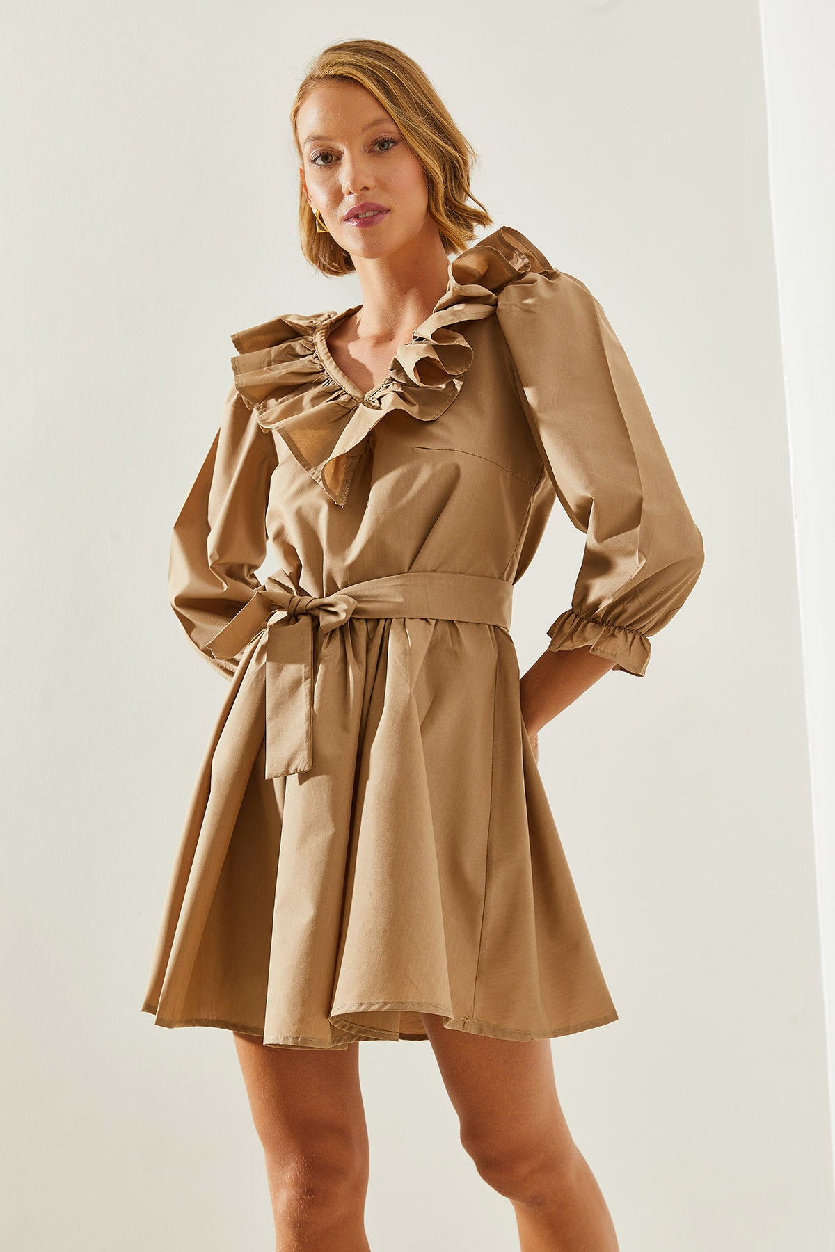 Women's V-Neck Sleeve and Collar Detailed Mini Dress 21228 60251664