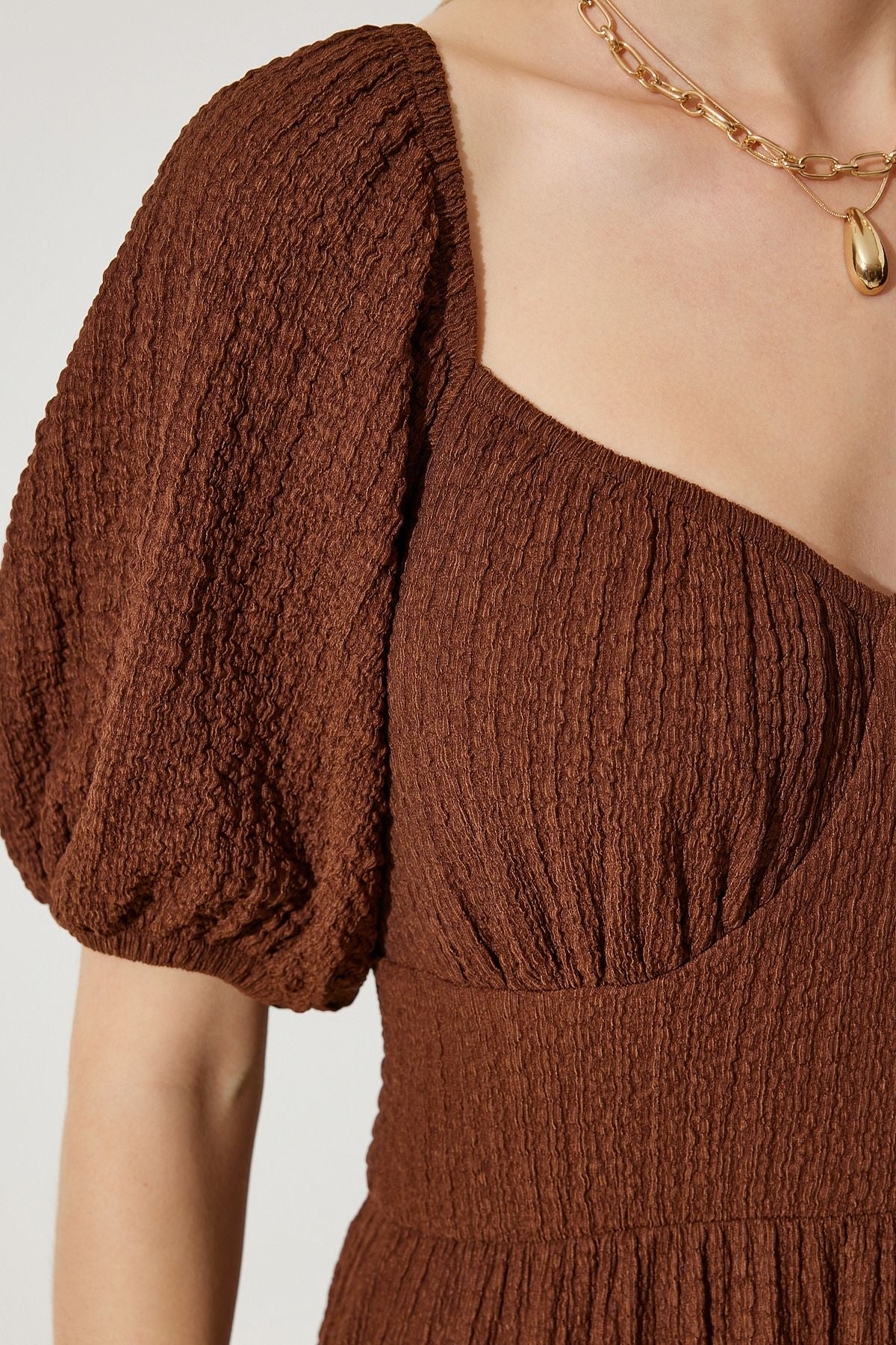 Female Brown Heart Collar textured summer knitted dress ub00050