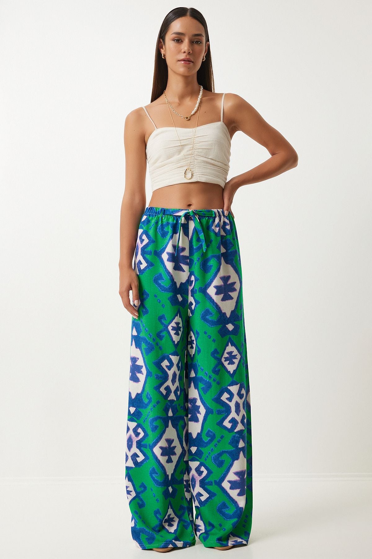 Female Green Blue Patterned Raw Linen Palazzo Pants BH00397