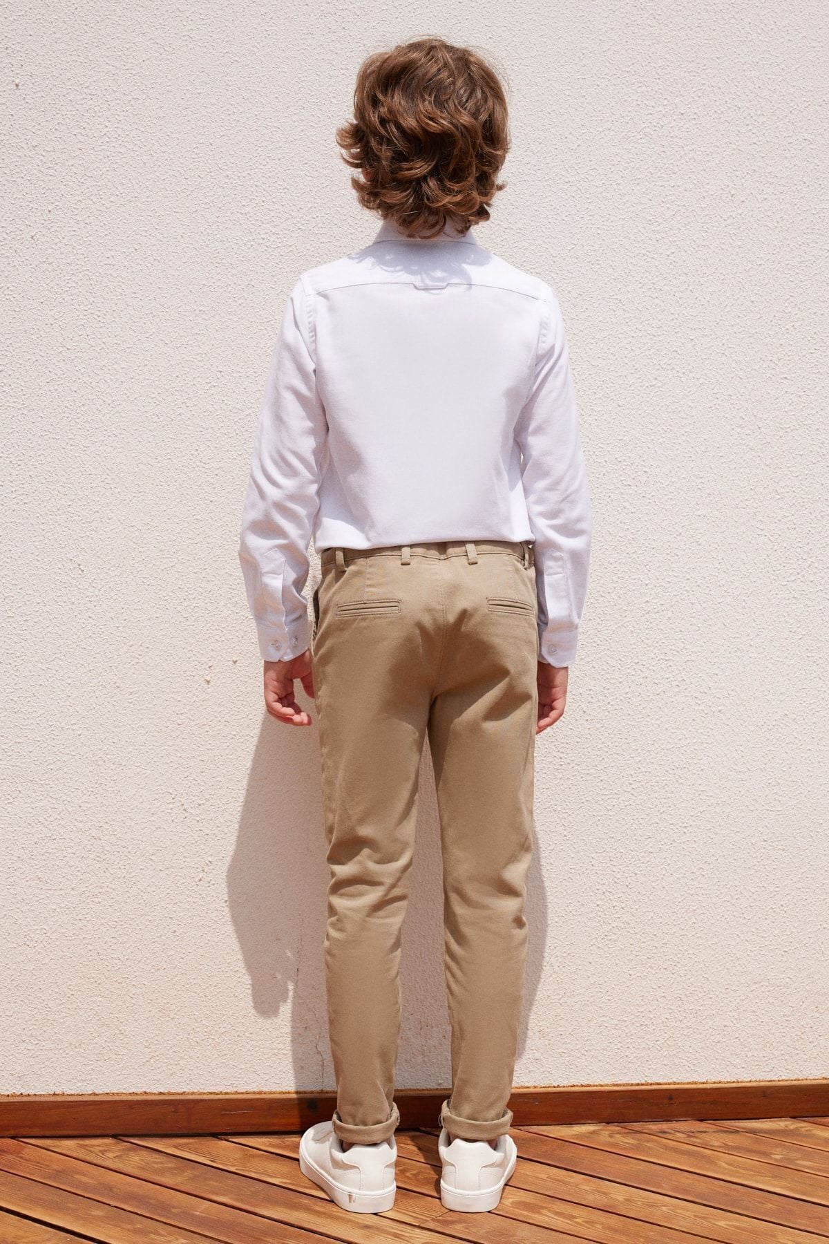Beige slim fit narrow cutting side pocket cotton flexible child chino pants