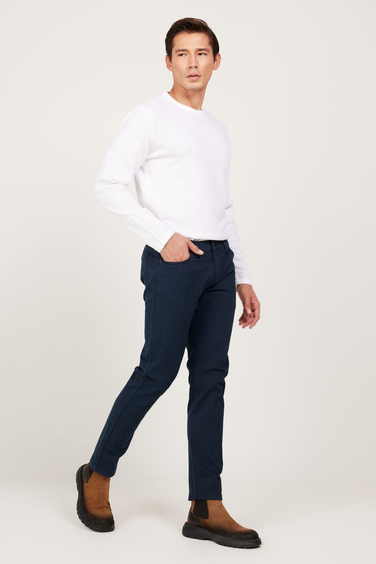 Men's navy blue slim fit narrow cut 5 pocket cotton flexible pants