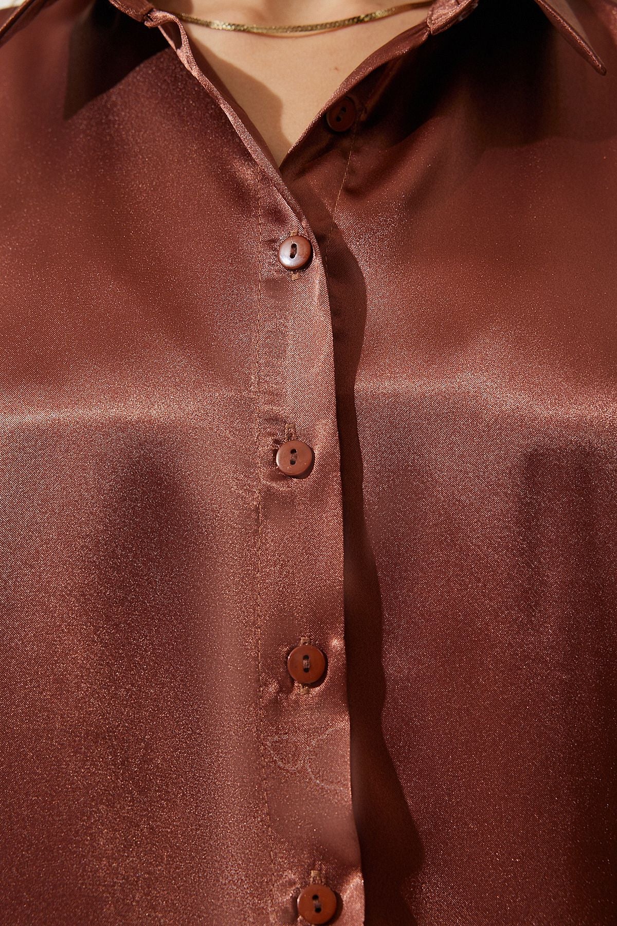Female brown lightly draped satin surface shirt DD00990