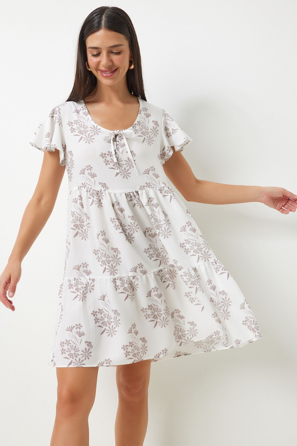 Woman White Brown Flower Summer Viscose Dress DD01330