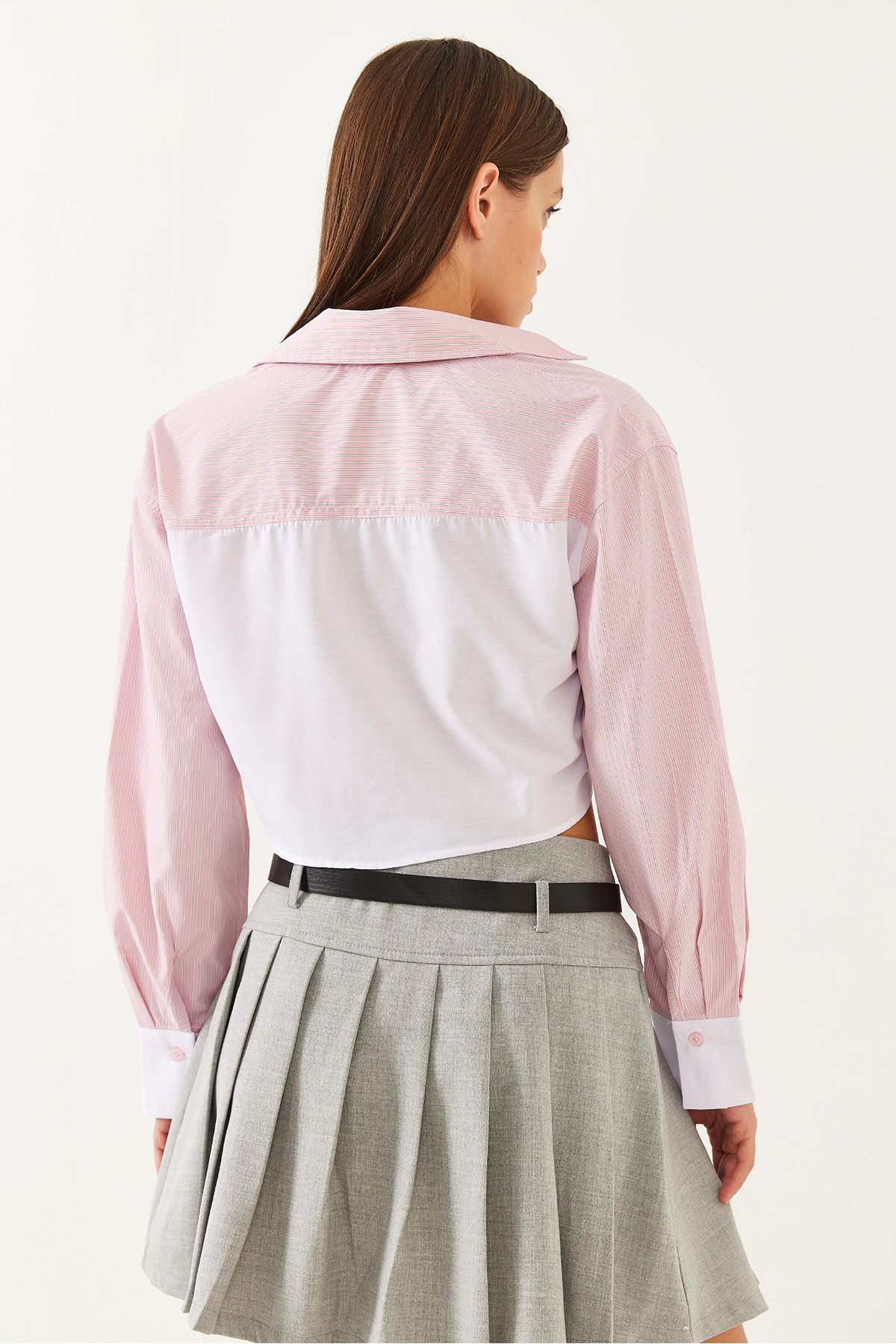 Female asymmetric striped headline detailed crop shirt 4451 60251915
