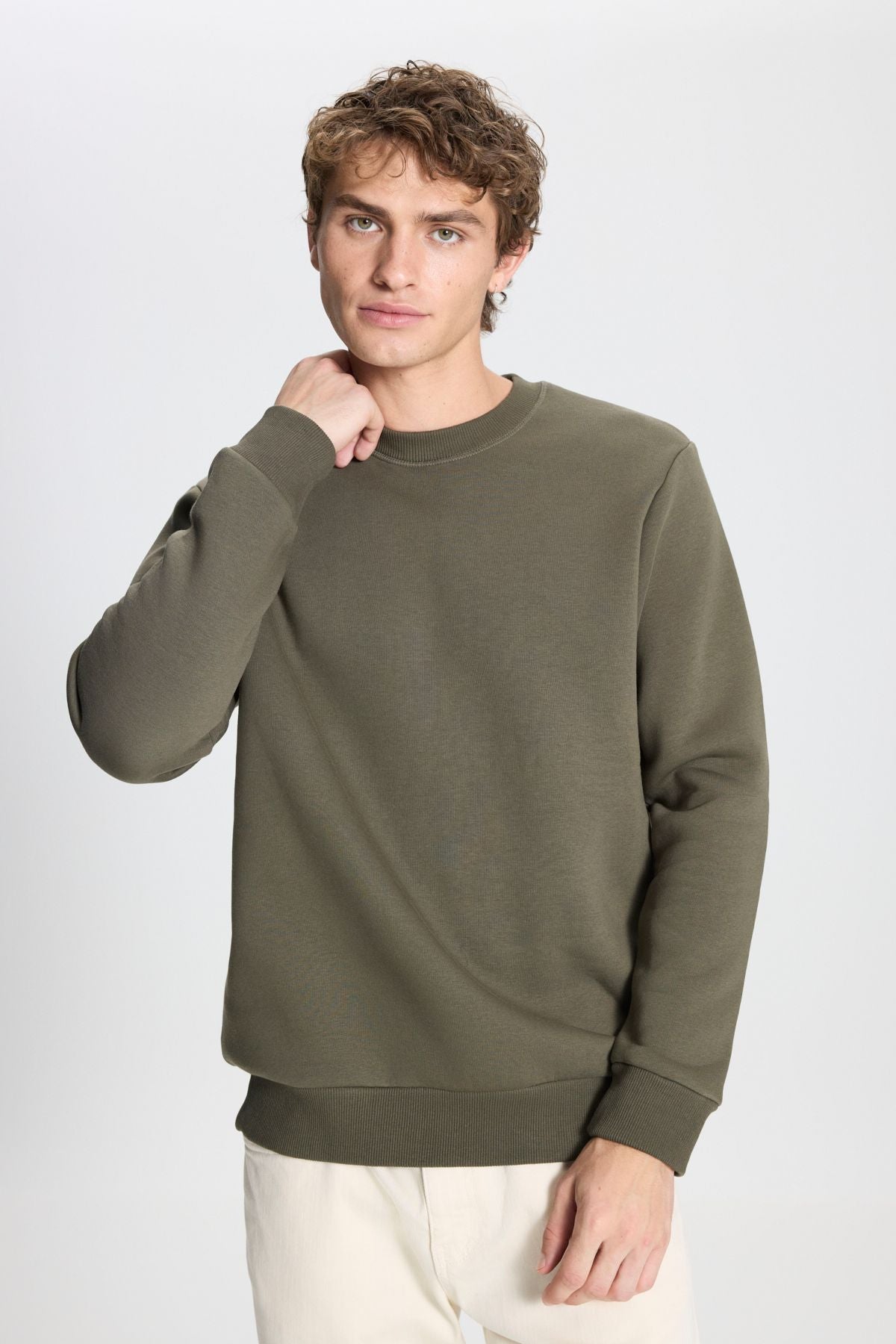 Men's Khaki Standard Fit Normal Cut Içi Polar 3 IP Bicycle collar Cotton Sweatshirt