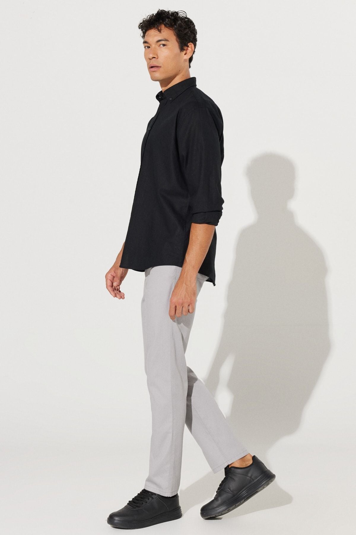 Men's black linen comfort fit comfortable cut buttoned collar shirt