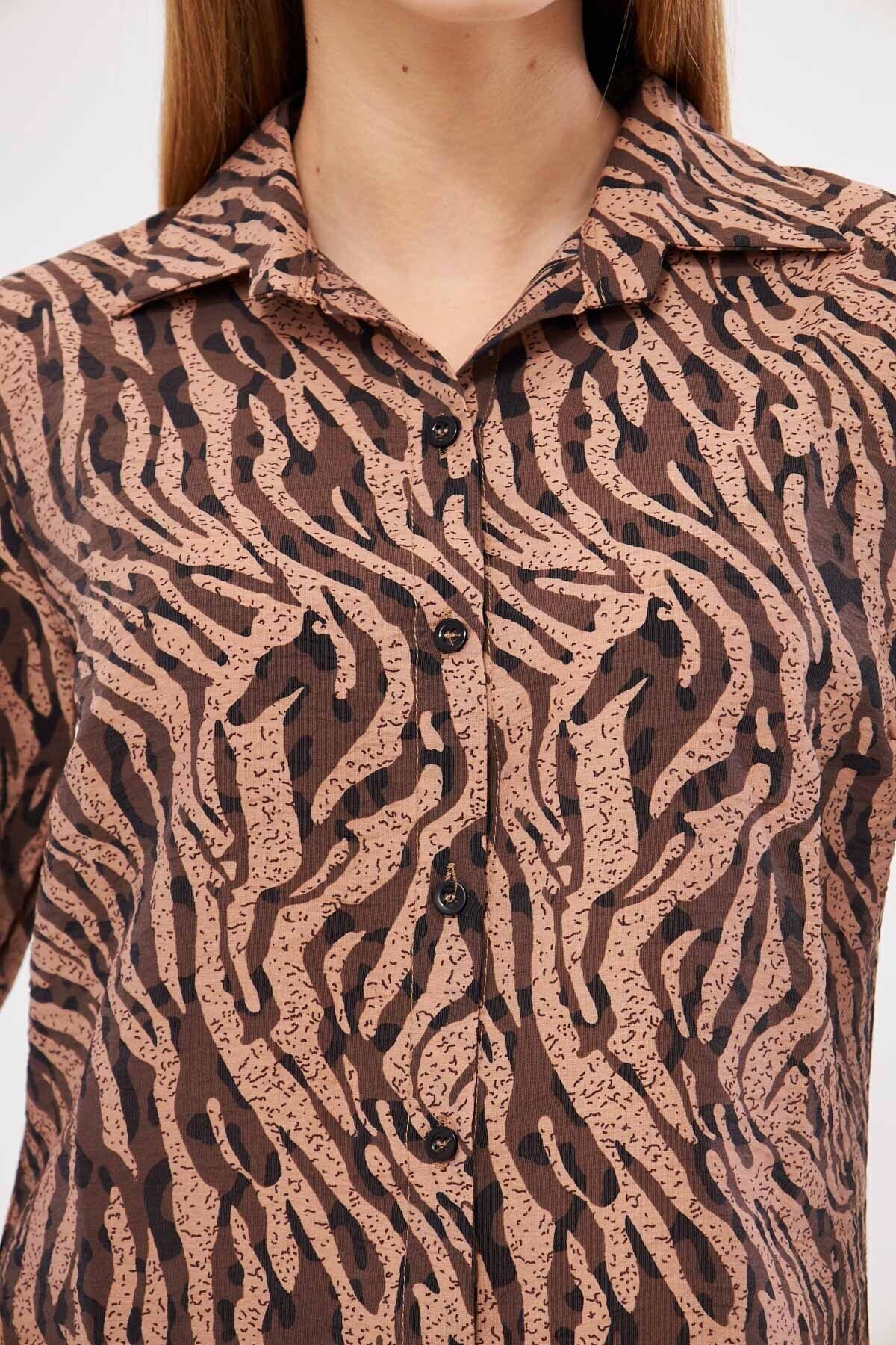 Female mink-bej patterned long sleeve shirt ARM-25K001040