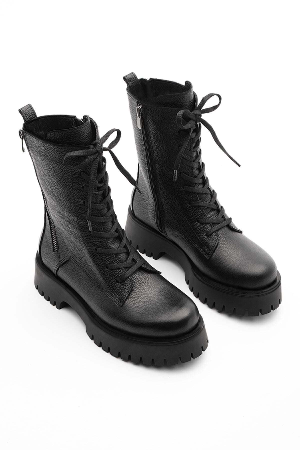 Woman Genuine Leather Postal Boots Thick Skolded Base Zippered Lace Laccik Daily Bot Orben Black