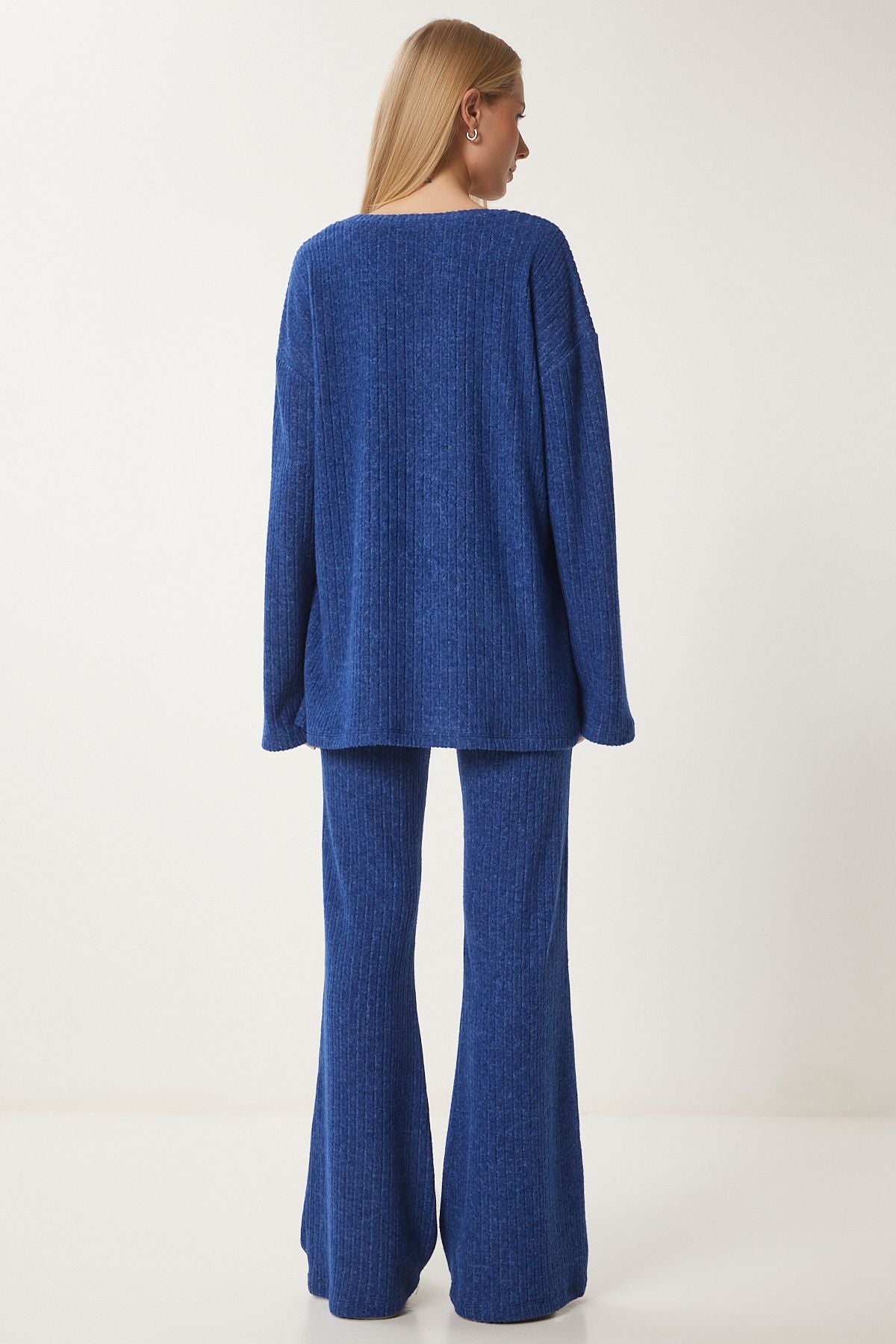 Woman Cobalt Blue Casual Wick Knitting Blouse Pants Set RG00047