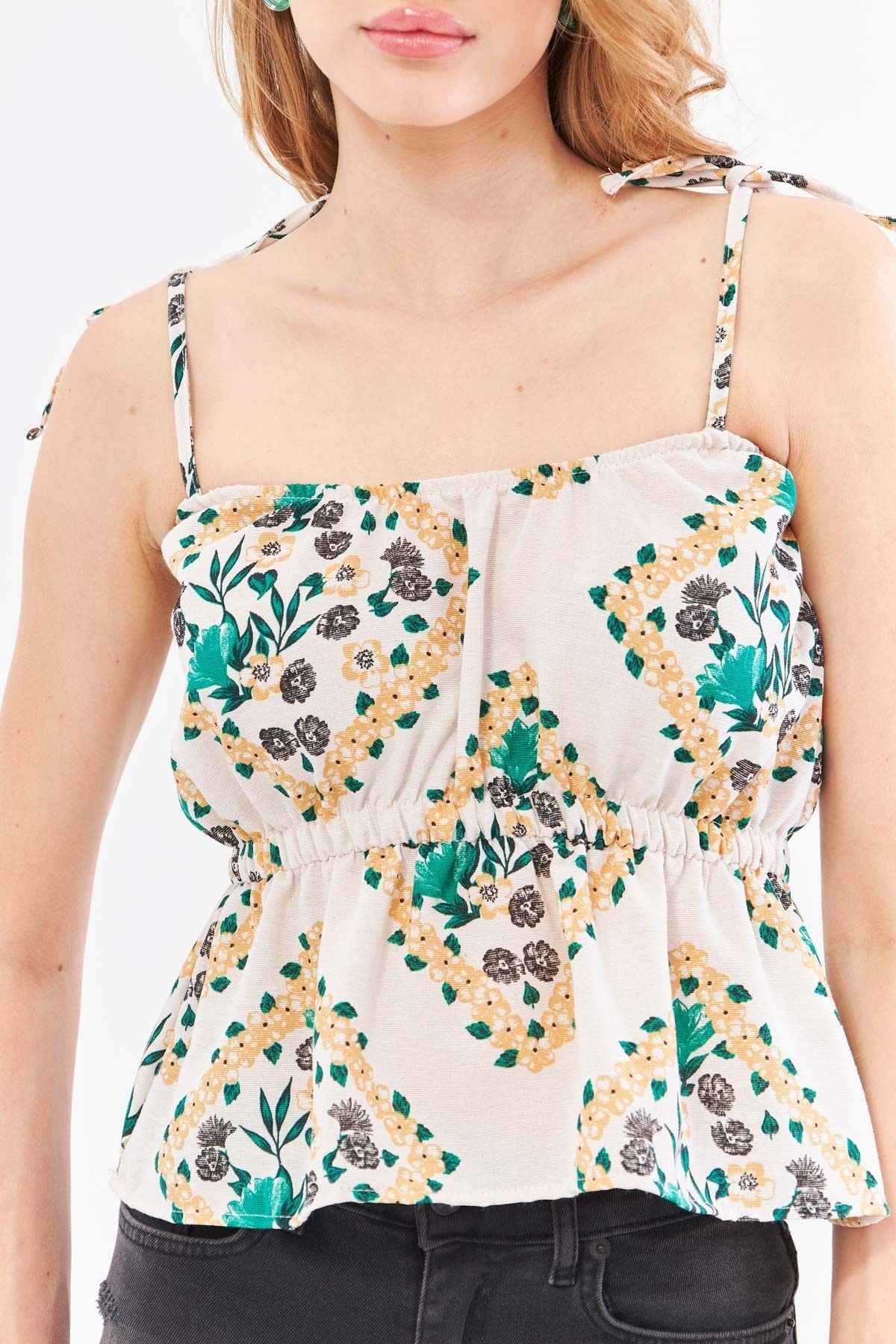 Female Dark Green Patterned Linen -Looking Waist Tire Hangers Connected Strapless Crop blouse