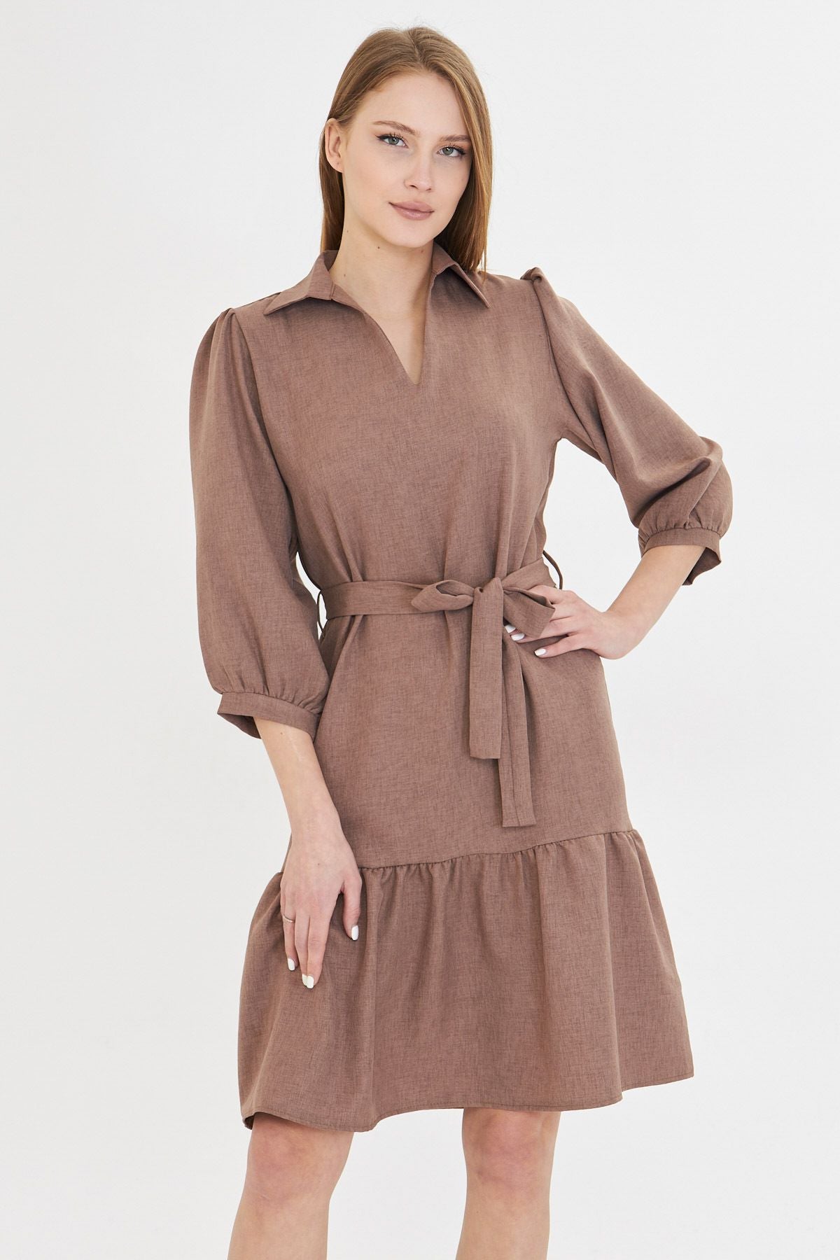 Female mink shirt collar quarter arm waist belt skirt shirred dress ARM-25Y001010