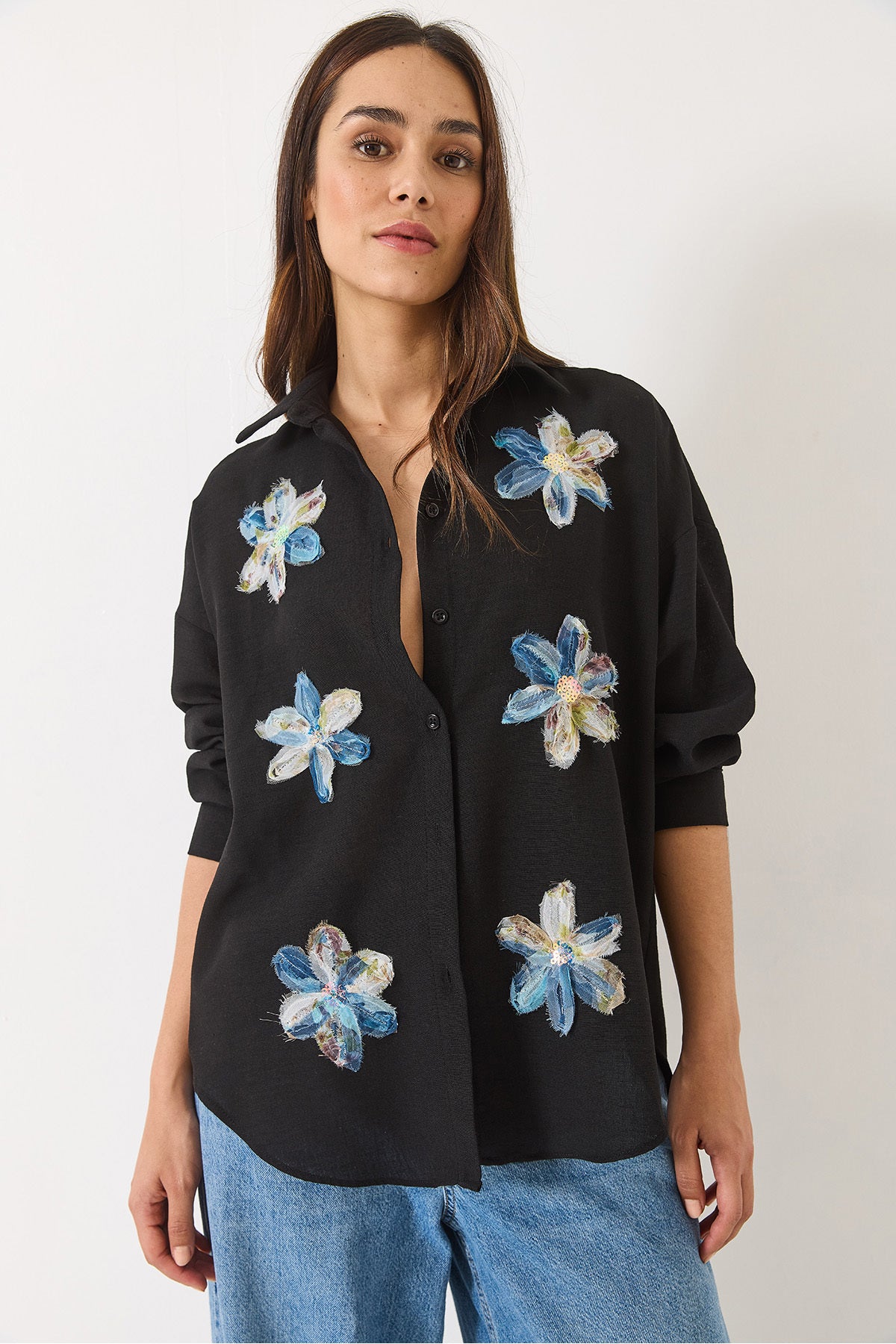 Women's Tulle Flower Accessory Long Sleeve Cotton Shirt 6526 60283057