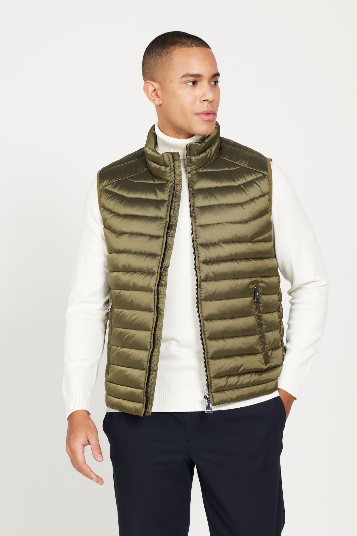 Men's Khaki standard fit normal cut upright collar casual vest