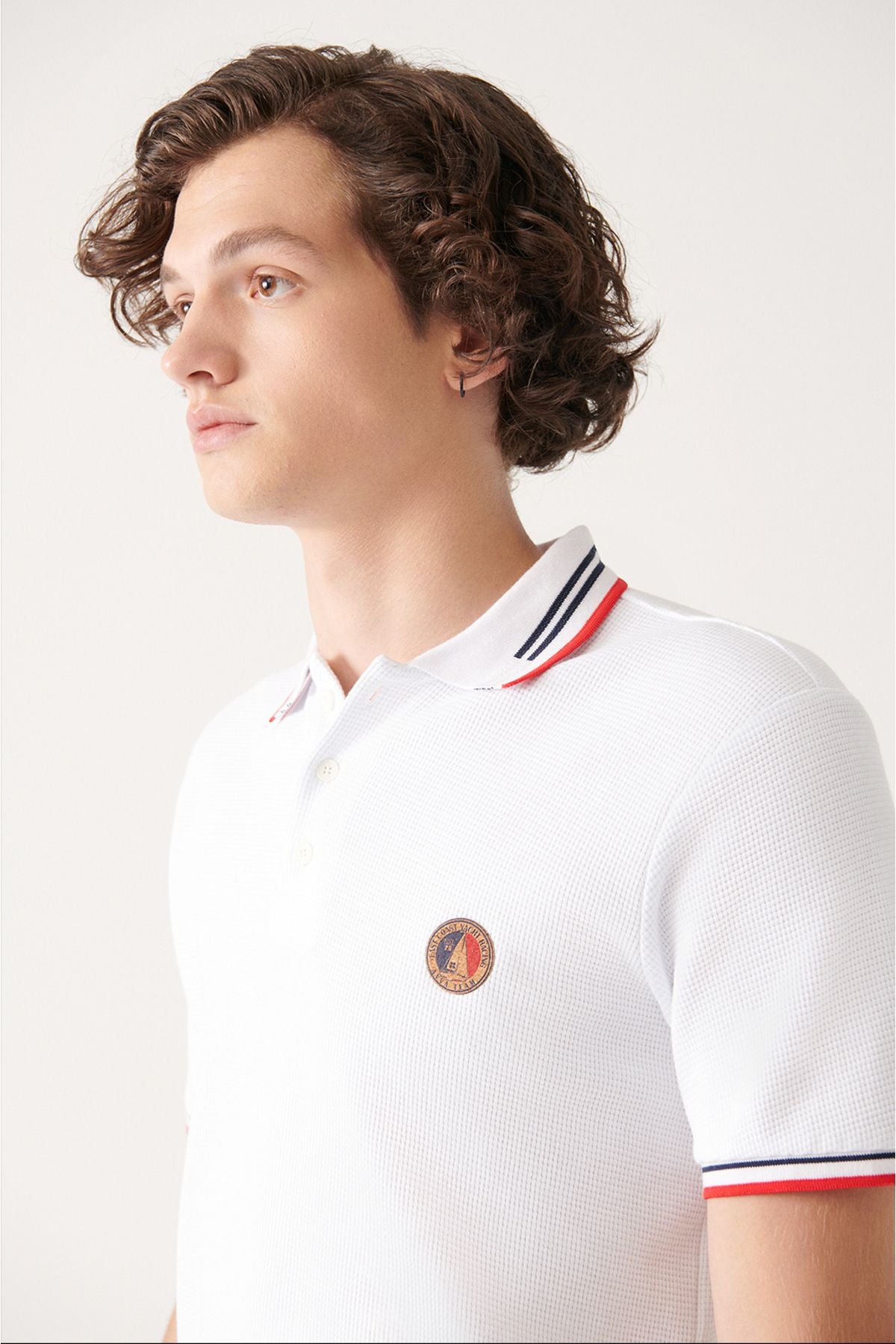 Men's white 100 %cotton textured riban marinated marinated regular fit polo collar t-shirt