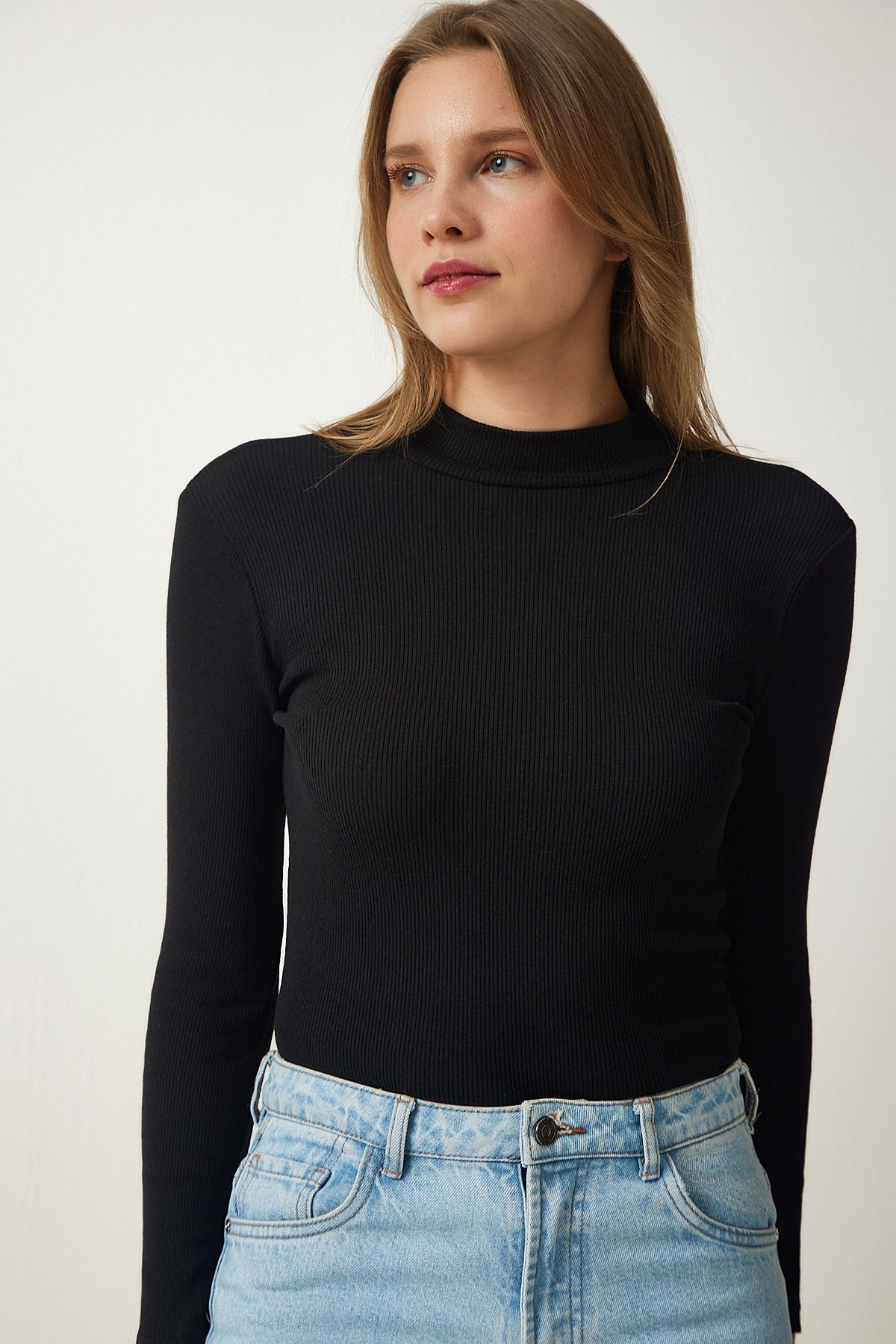 Female black fisherman collar wick knitted blouse GT00054